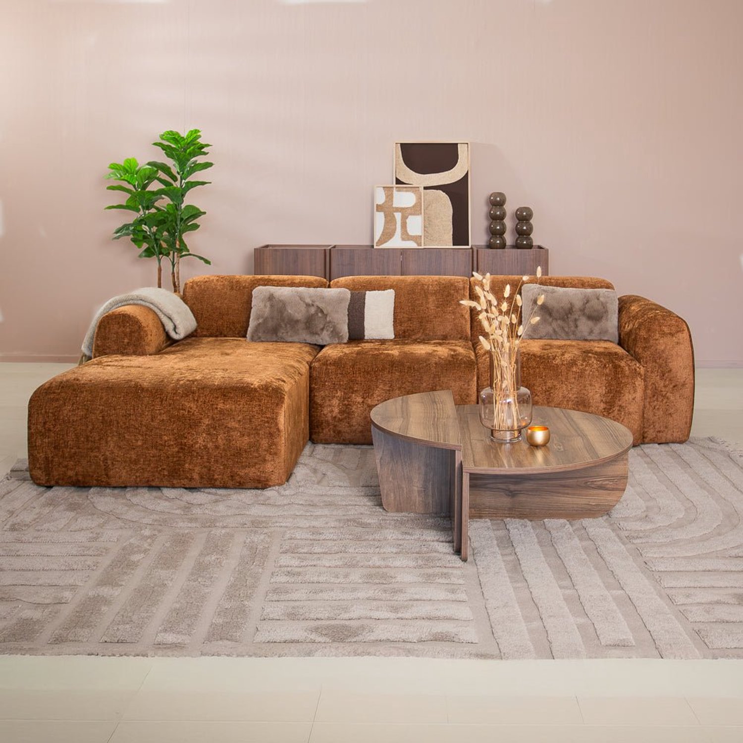 Dimehouse Hoekbank koper chenille stof - 292x170 cm - Shane - links - Chenille - Japandi - 270 x 95 x 68 cm
