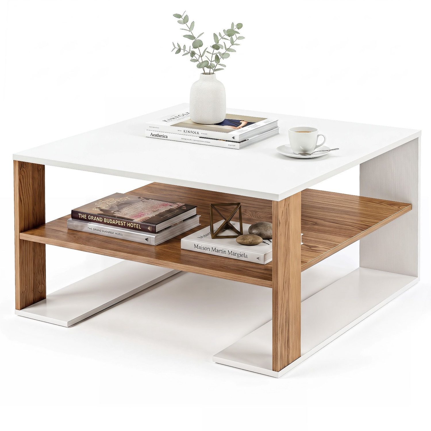 SureDeal® - Salontafel - Rechthoekige Moderne Woonkamer - Opslagruimte Stabiele Bijzettafel - Woonkamer - 75x75x40 cm - Wit & Natuurlijk