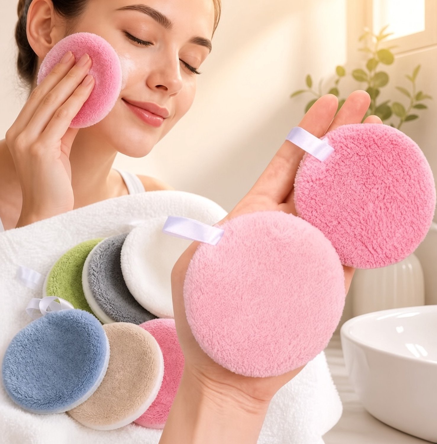 New Age Devi - Revolutionaire Make-up Verwijder Set - Ultra Zacht Koraal Fleece - Hypoallergene Gezichtspads - Herbruikbaar en Milieuvriendelijk - Inclusief Ophanglus en Reiszak!