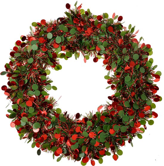 Kerstkrans van rood en groen plastic, versierd met ronde rode glitters.