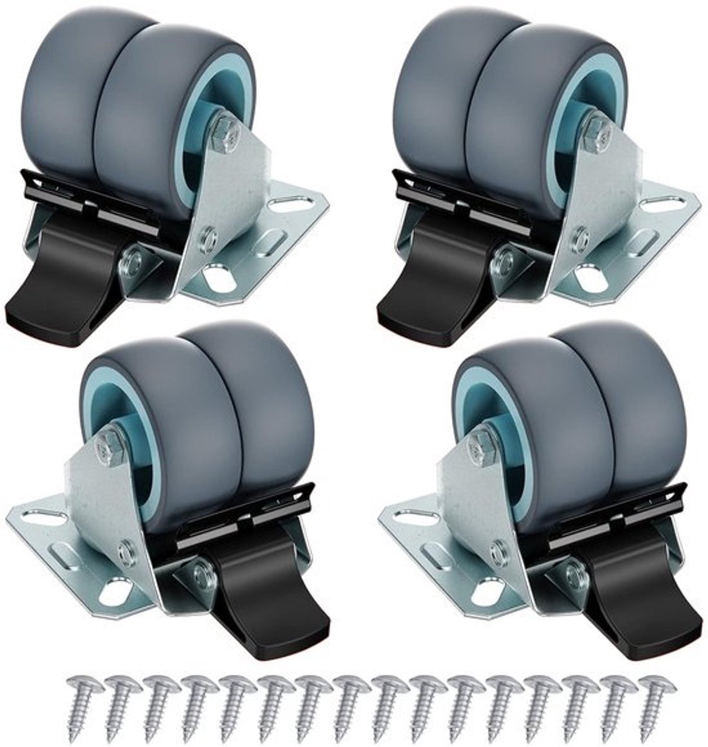 Set van 4 Zware Meubelwielen met Rem - 50mm Dubbele Zwenkwielen voor Binnen en Buiten