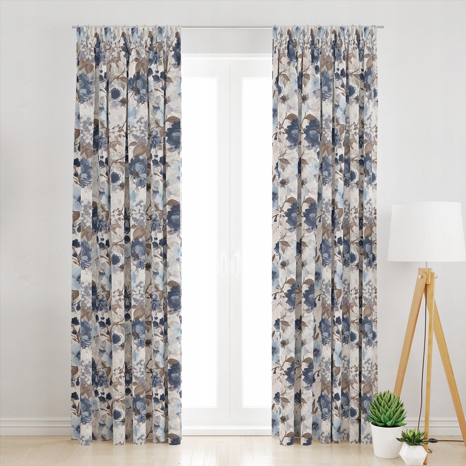 Kant-en-klare Gordijn Blauwe Bloemen 145x220 cm met Gordijnband