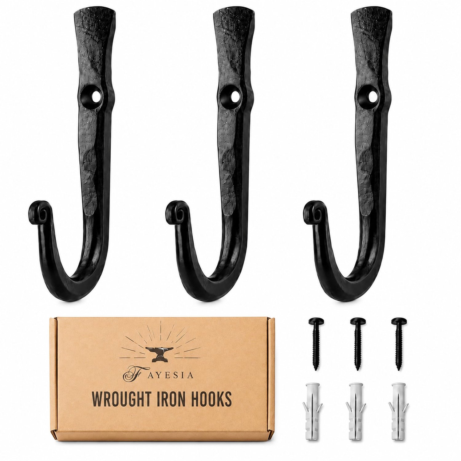 Wandhaken set van 3 - smeedijzer - rustiek zwart - voor jassen en hoeden - ShopVlot