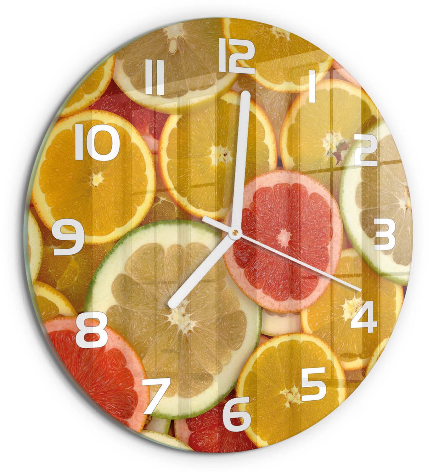 TULUP Wandklok - Citrusvruchten Gekleurde Glazen Klok - fi30 cm - Veelkleurig Glazen Klok Met Print - Witte handen - Ronde Klok - Moderne Wandklok Glas - Wandklok Glas Decoratie