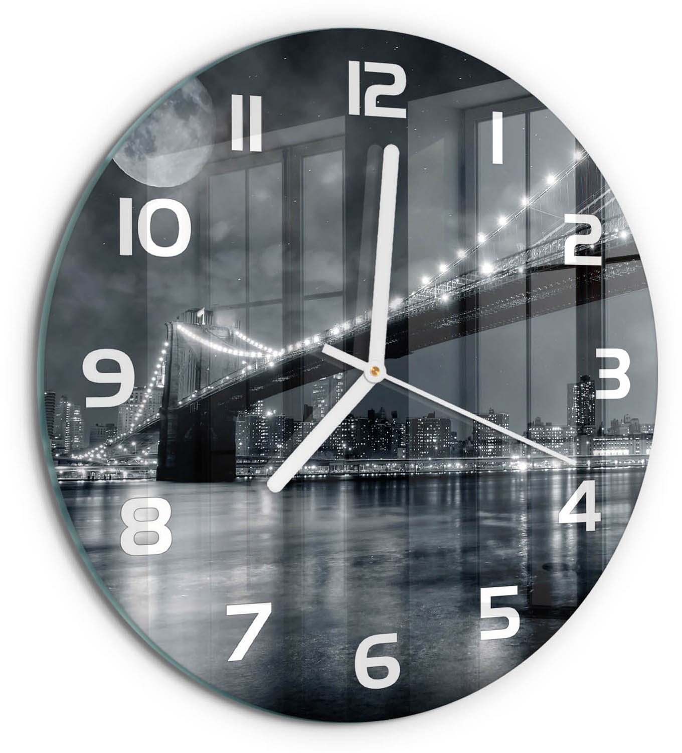TULUP Wandklok - Brooklynbrug Moderne Wandklok Glas - fi30 cm - Zwart-wit Wandklok Glas Decoratie - Witte handen - Ronde Klok - Glazen Wandklok Design - Klok Glas Met Opdruk