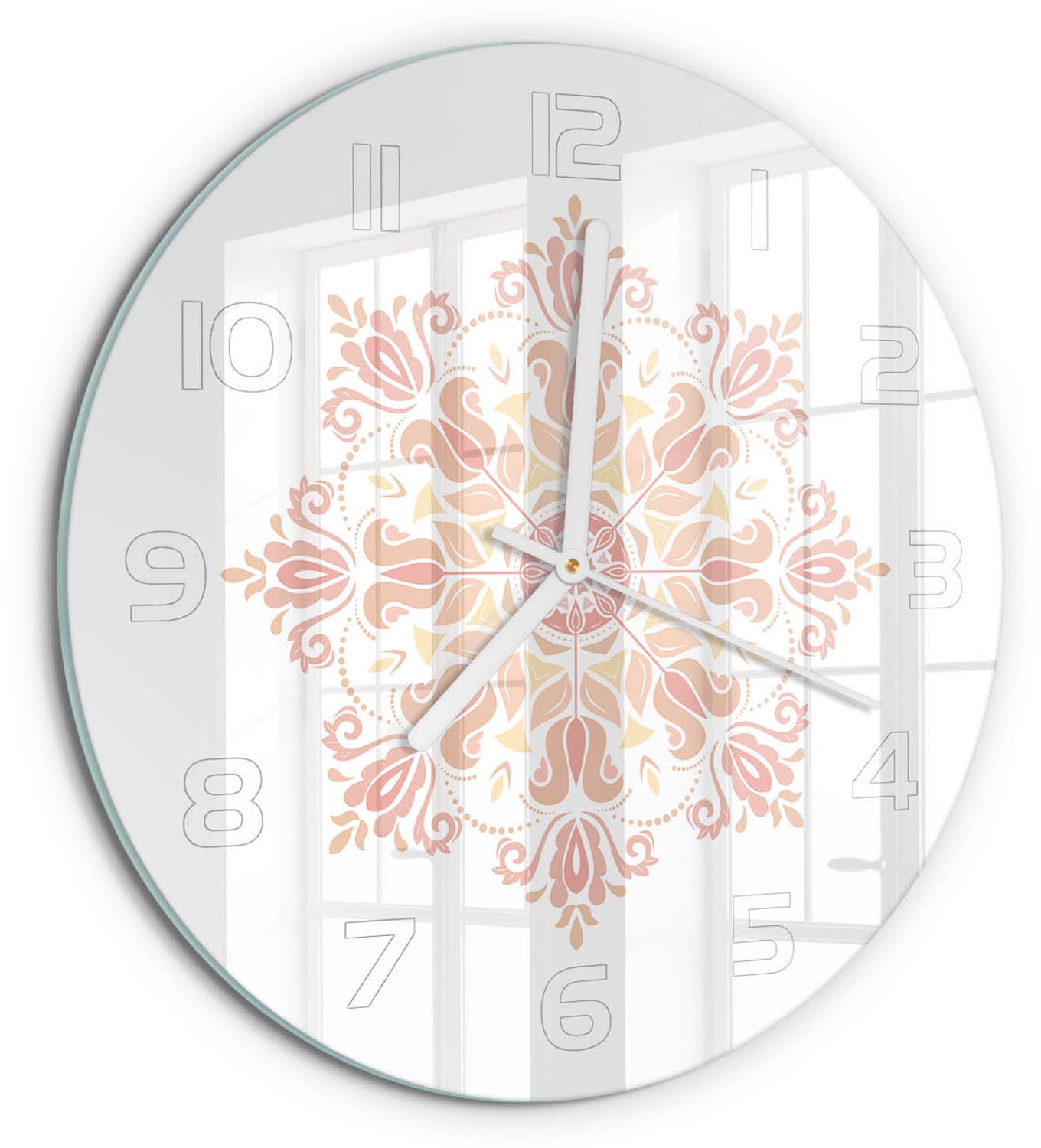 TULUP Wandklok - Decoraties Klok Glas Met Opdruk - fi30 cm - Beige Moderne Wandklok Glas - Witte handen - Ronde Klok - Decoratieve Glazen Klok - Glazen Wandklok Design