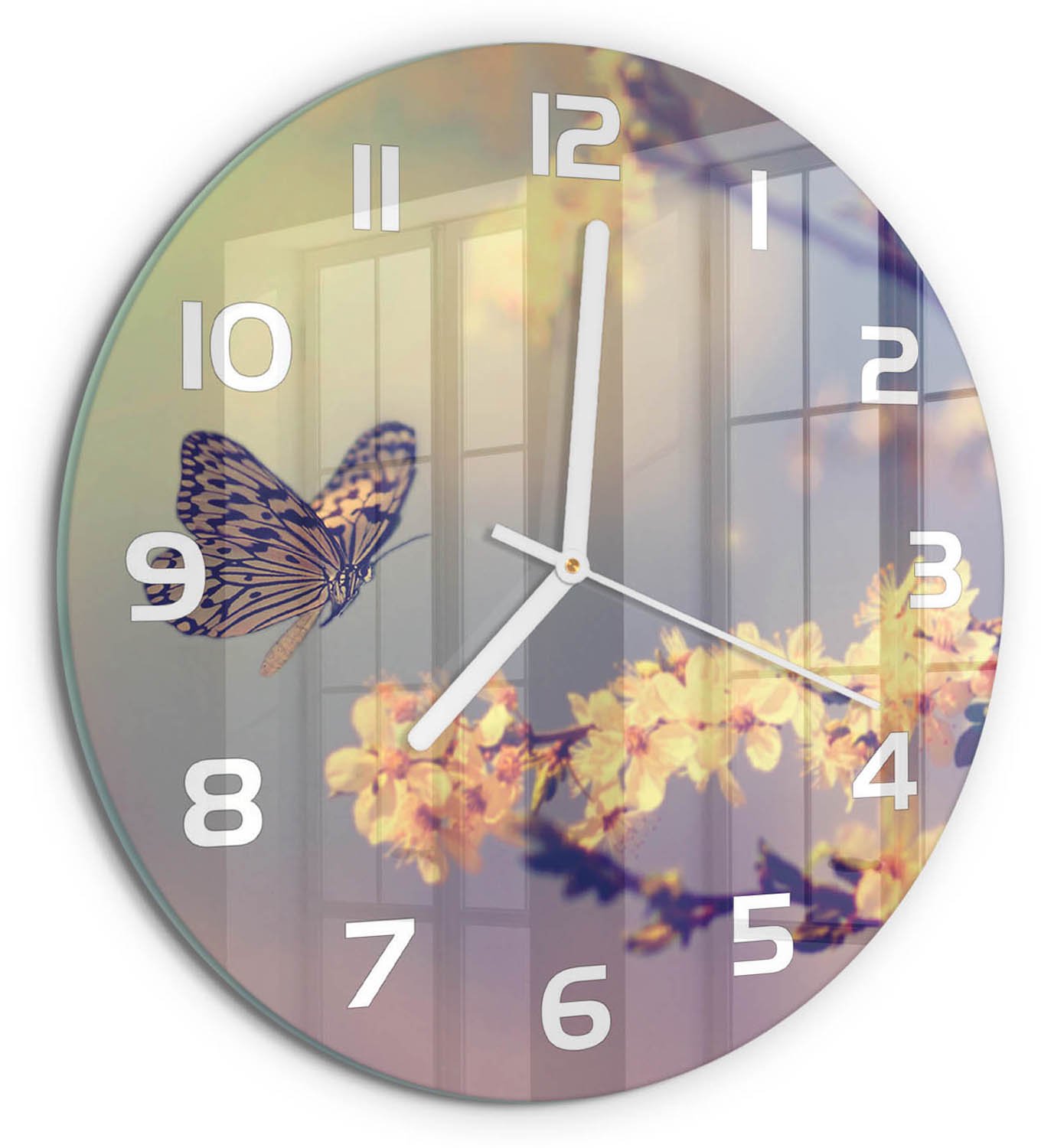 TULUP Wandklok - Kersenbloesem en vlinder Moderne Wandklok Glas - fi30 cm - Veelkleurig Wandklok Glas Decoratie - Witte handen - Ronde Klok - Glazen Wandklok Design - Klok Glas Met Opdruk