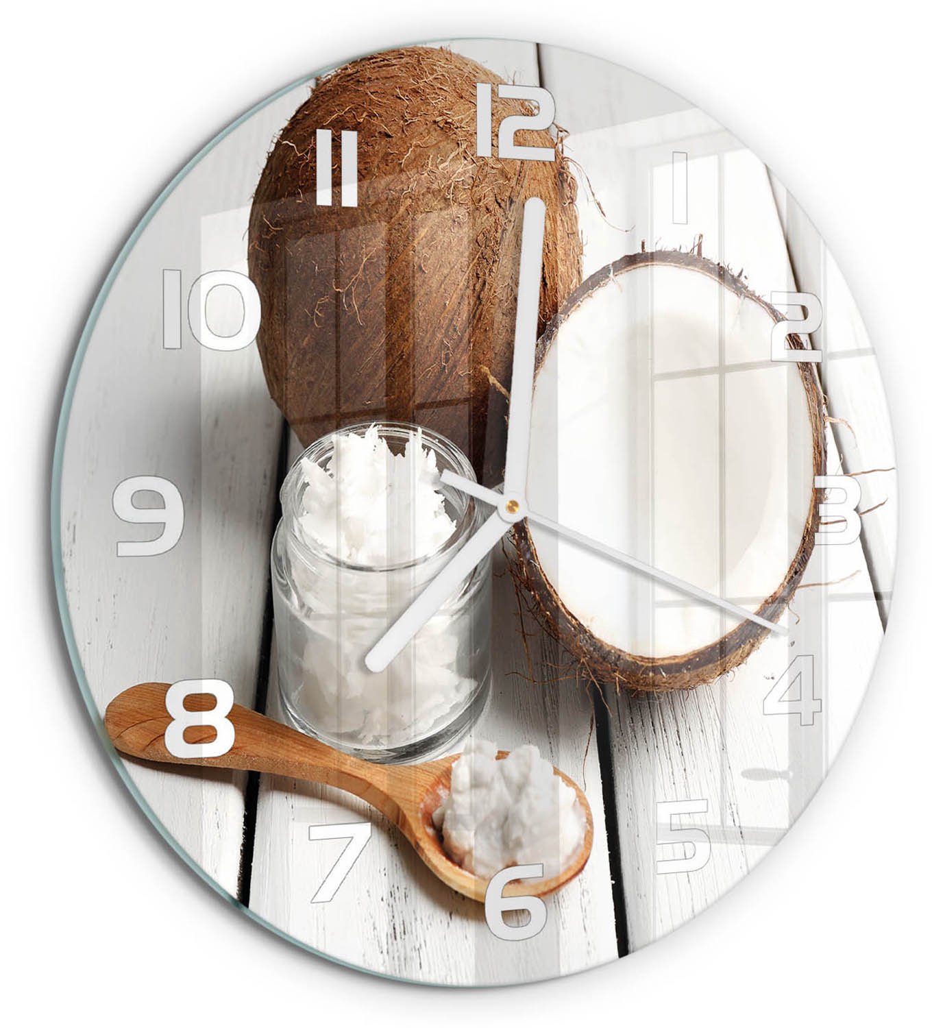 TULUP Wandklok - Kokosolie Gekleurde Glazen Klok - fi30 cm - Bruin Glazen Klok Met Print - Witte handen - Ronde Klok - Moderne Wandklok Glas - Wandklok Glas Decoratie