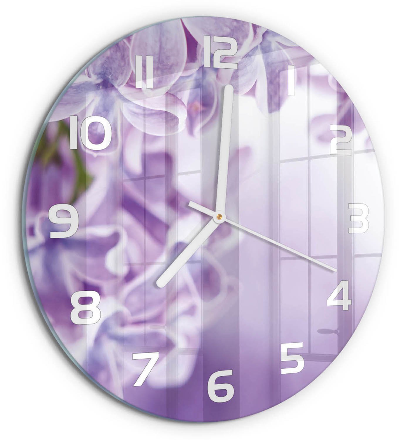 TULUP Wandklok - Paarse bloemen Decoratieve Glazen Klok - fi30 cm - Paars Glazen Wandklok Design - Witte handen - Ronde Klok - Glazen Klok Met Print - Wandklok Glas Met Motief