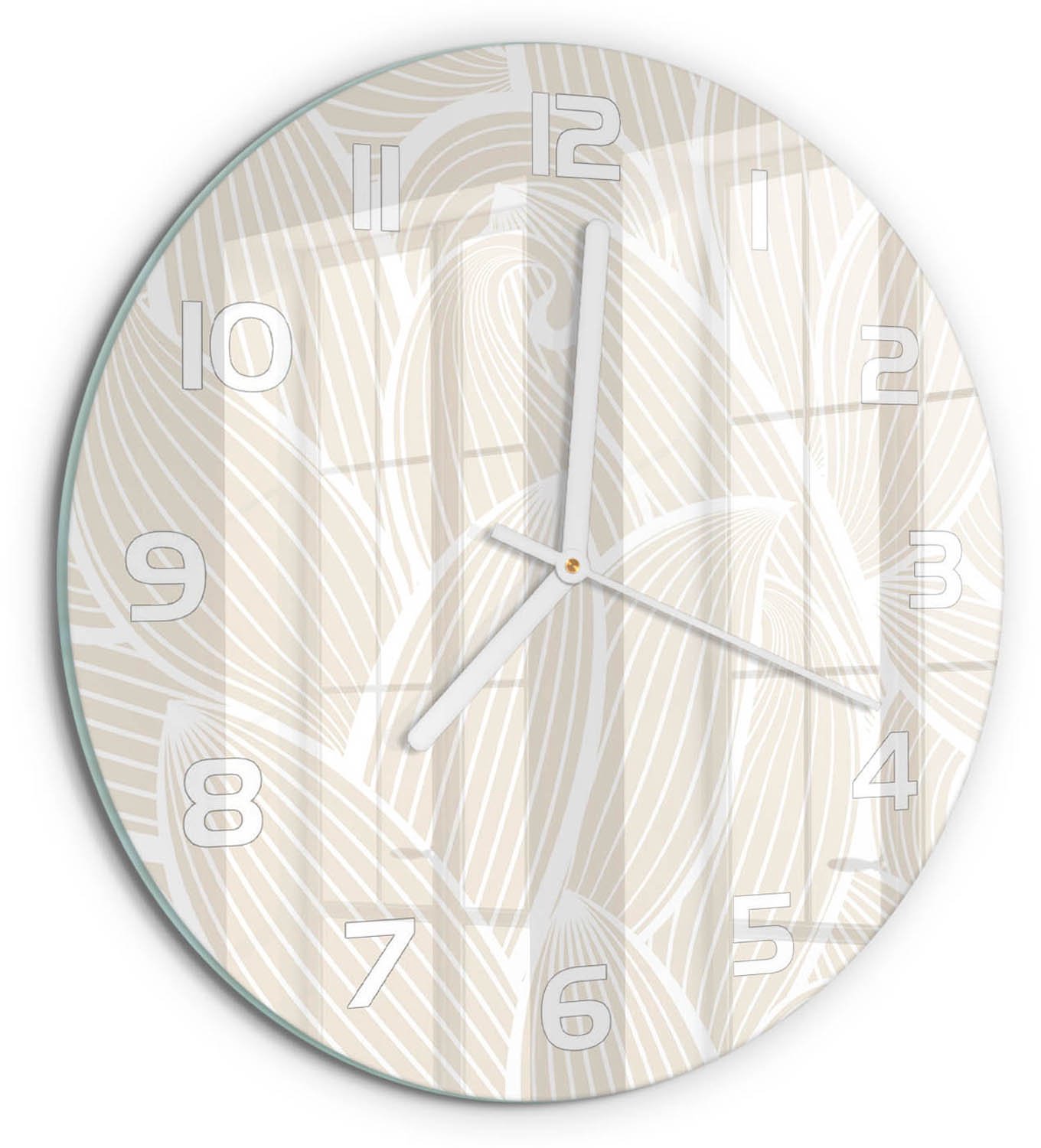 TULUP Wandklok - Bladpatroon Gekleurde Glazen Klok - fi30 cm - Beige Glazen Klok Met Print - Witte handen - Ronde Klok - Moderne Wandklok Glas - Wandklok Glas Decoratie