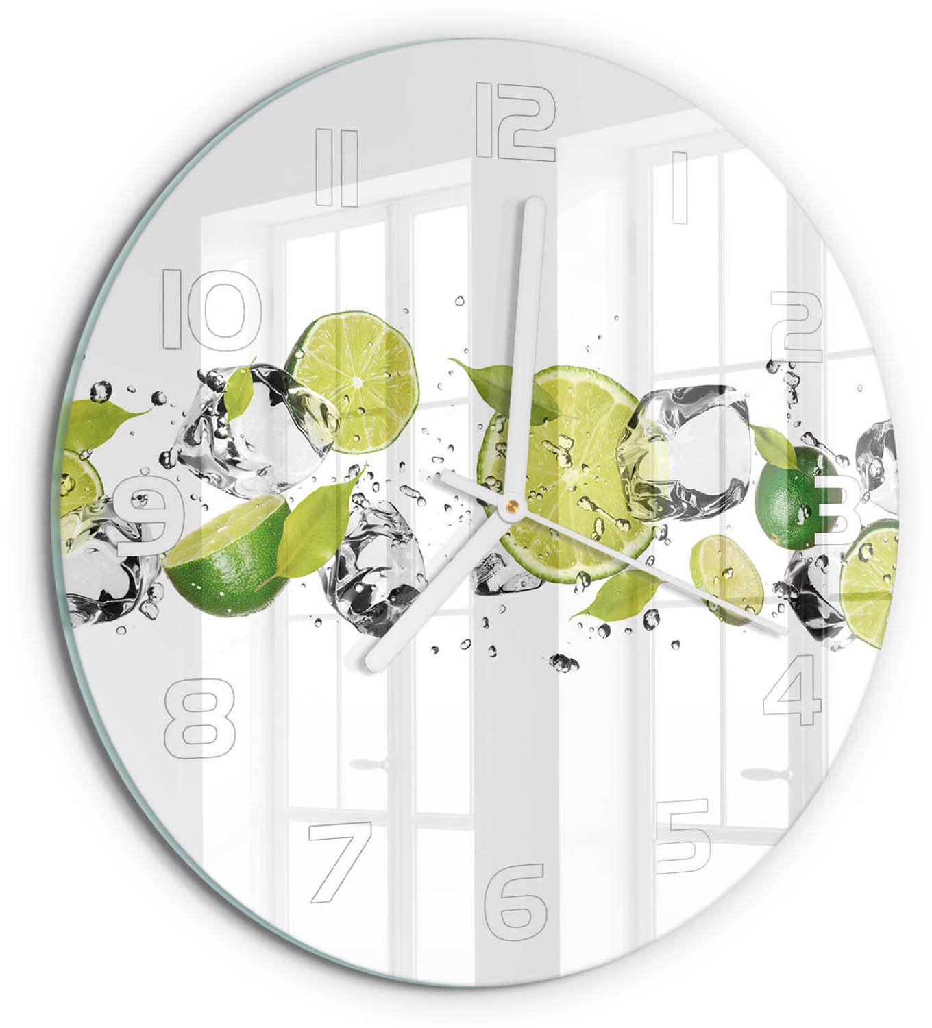 TULUP Wandklok - Kalk en water Moderne Wandklok Glas - fi30 cm - Groente Wandklok Glas Decoratie - Witte handen - Ronde Klok - Glazen Wandklok Design - Klok Glas Met Opdruk