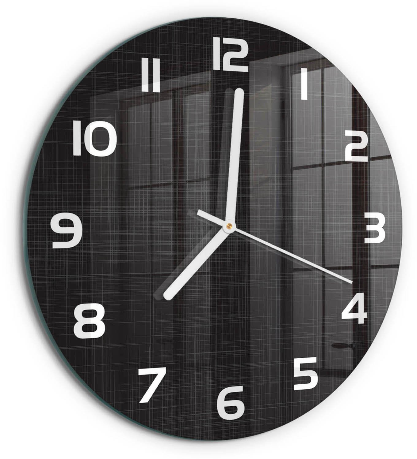 TULUP Wandklok - Linnentextuur Gekleurde Glazen Klok - fi30 cm - Zwart Glazen Klok Met Print - Witte handen - Ronde Klok - Moderne Wandklok Glas - Wandklok Glas Decoratie