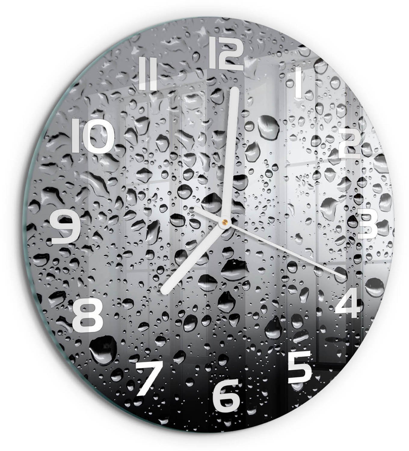 TULUP Wandklok - Waterdruppels Decoratieve Glazen Klok - fi30 cm - Grijs Glazen Wandklok Design - Witte handen - Ronde Klok - Glazen Klok Met Print - Wandklok Glas Met Motief