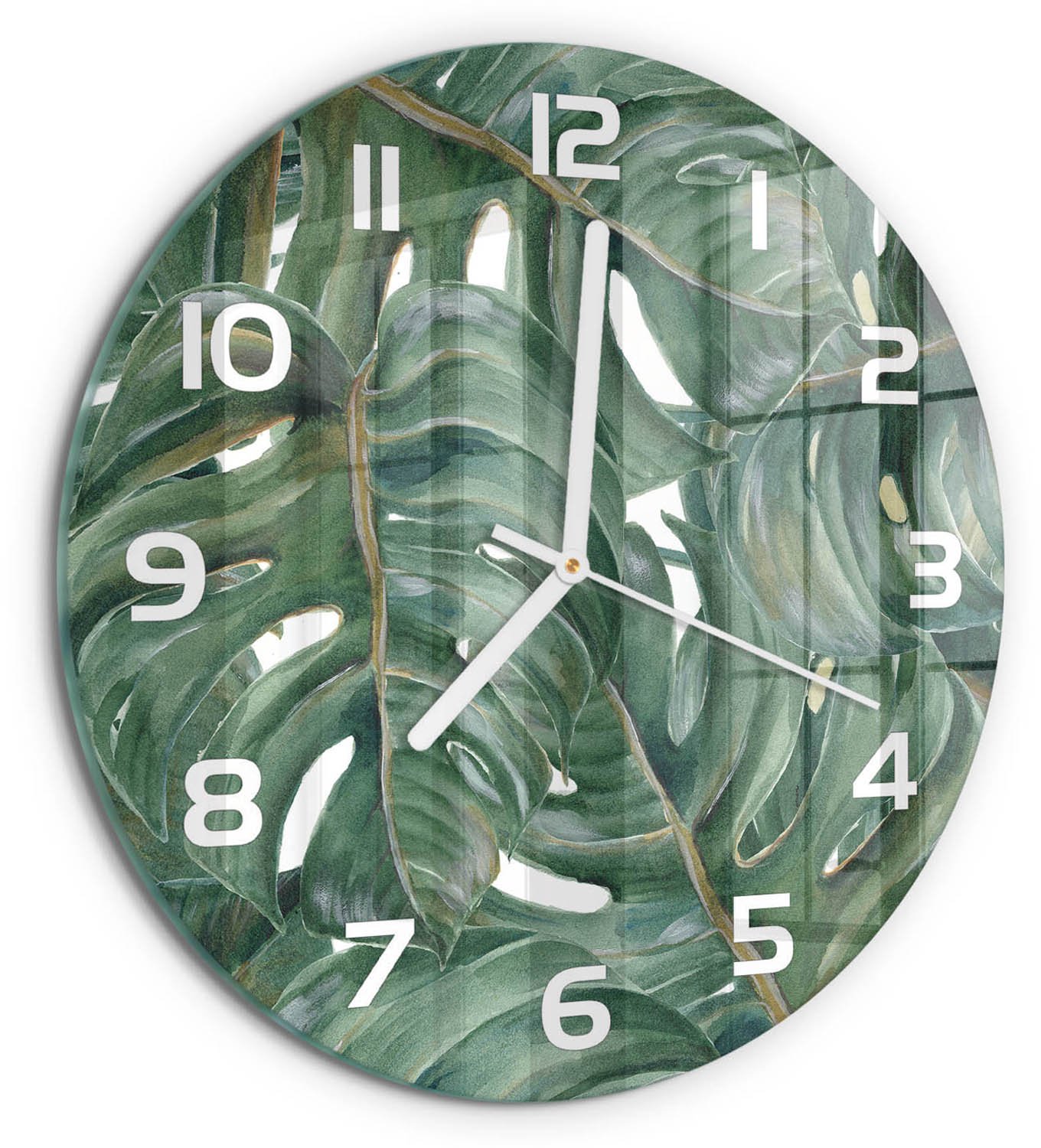 TULUP Wandklok - Monstera Wandklok Glas Met Motief - fi30 cm - Groente Decoratieve Glazen Klok - Witte handen - Ronde Klok - Gekleurde Glazen Klok - Glazen Klok Met Print