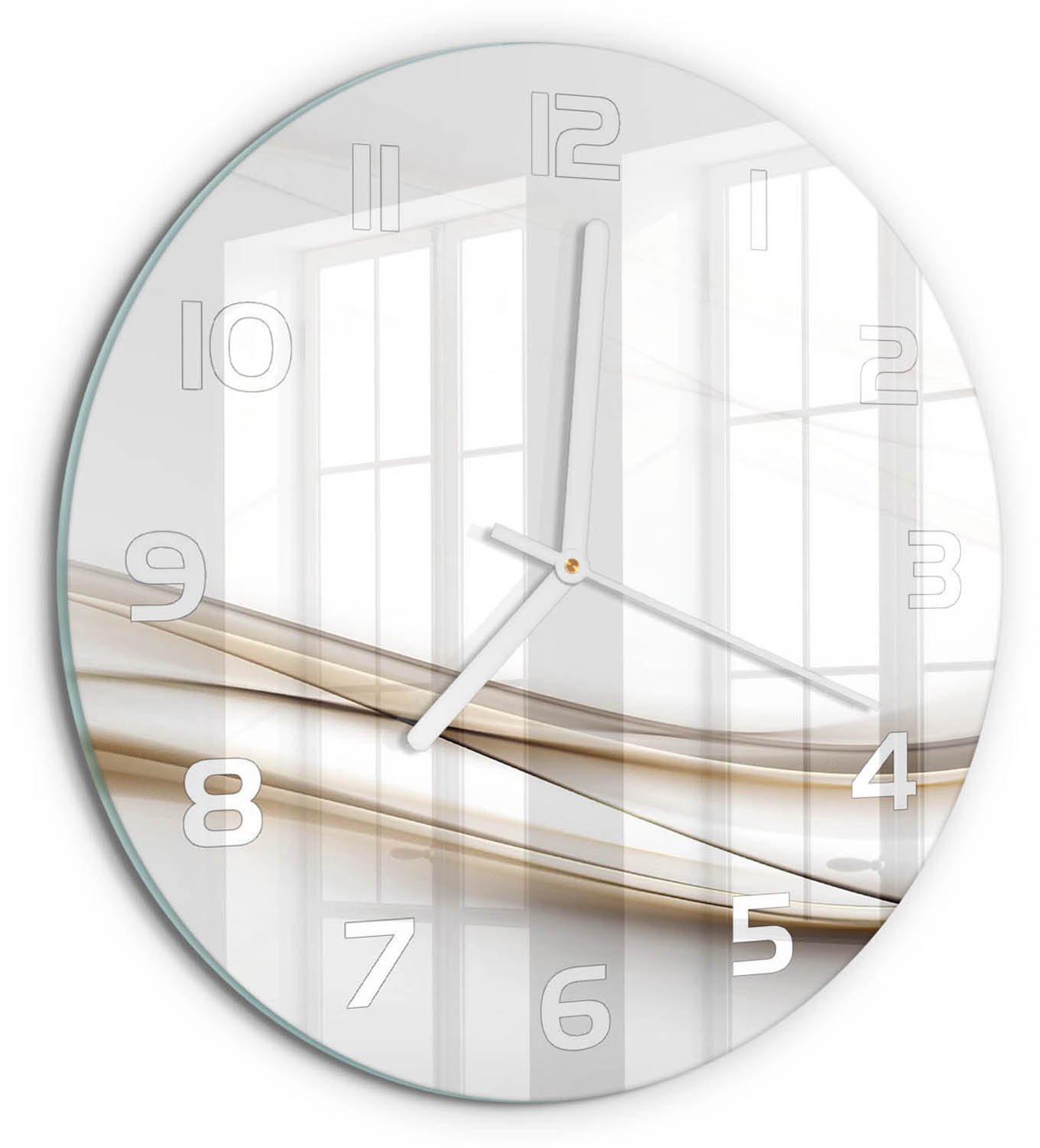 TULUP Wandklok - Golfabstractie Glazen Wandklok Design - fi30 cm - Beige Klok Glas Met Opdruk - Witte handen - Ronde Klok - Wandklok Glas Met Motief - Decoratieve Glazen Klok