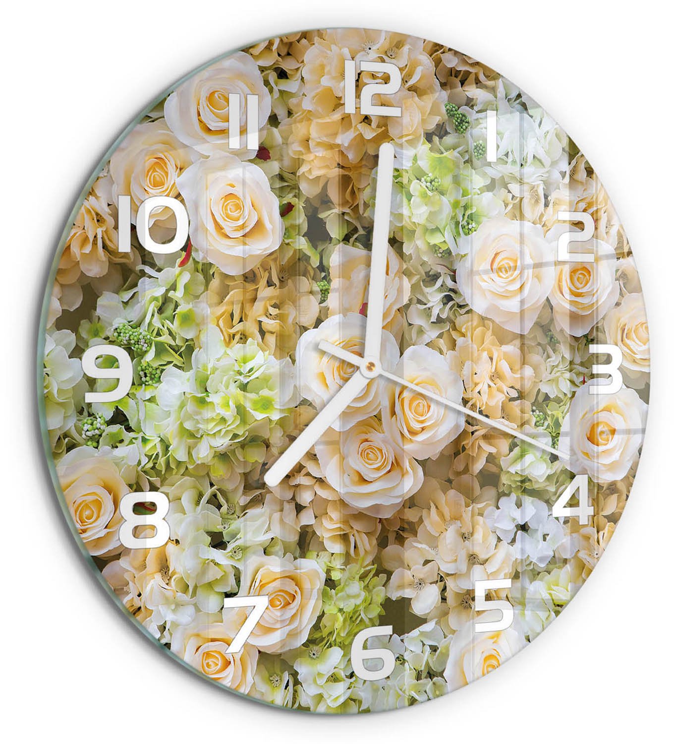 TULUP Wandklok - Rozen Wandklok Glas Met Motief - fi30 cm - Beige Decoratieve Glazen Klok - Witte handen - Ronde Klok - Gekleurde Glazen Klok - Glazen Klok Met Print