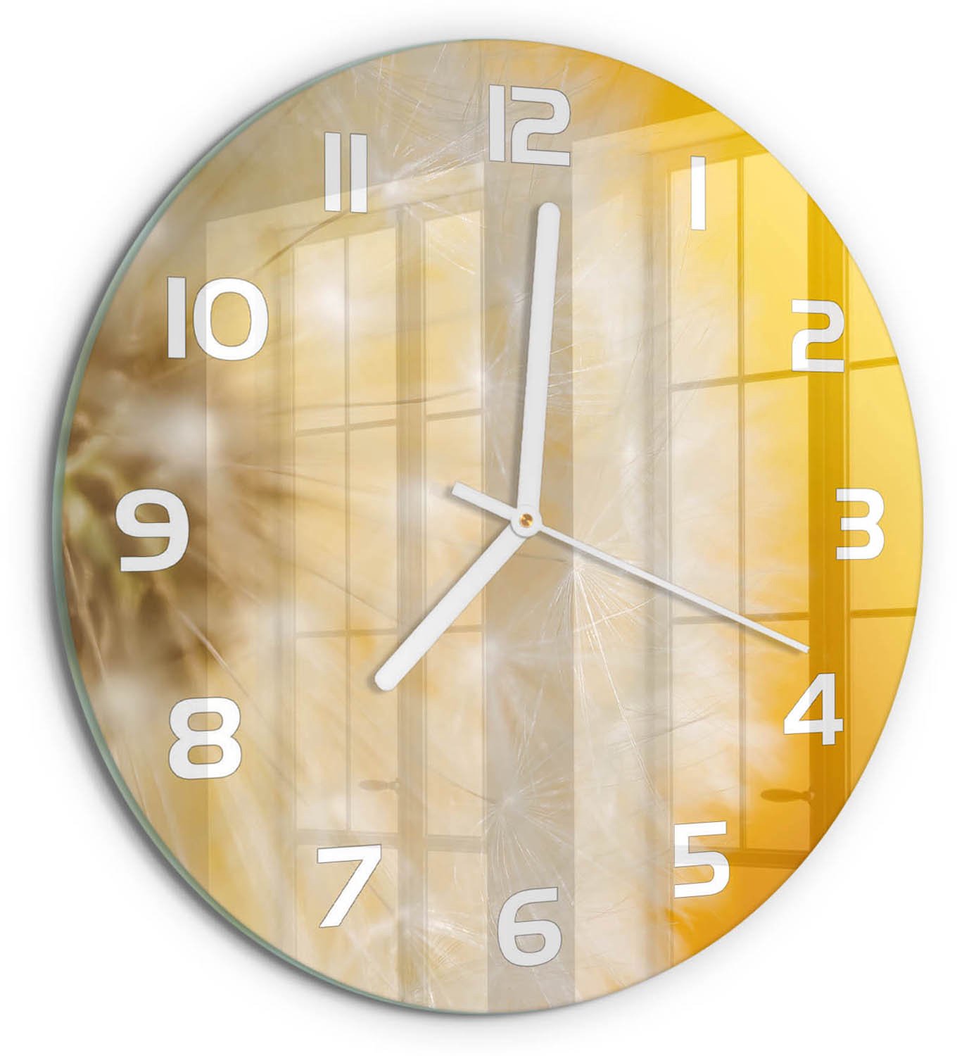 TULUP Wandklok - Paardebloem Decoratieve Glazen Klok - fi30 cm - Geel Glazen Wandklok Design - Witte handen - Ronde Klok - Glazen Klok Met Print - Wandklok Glas Met Motief