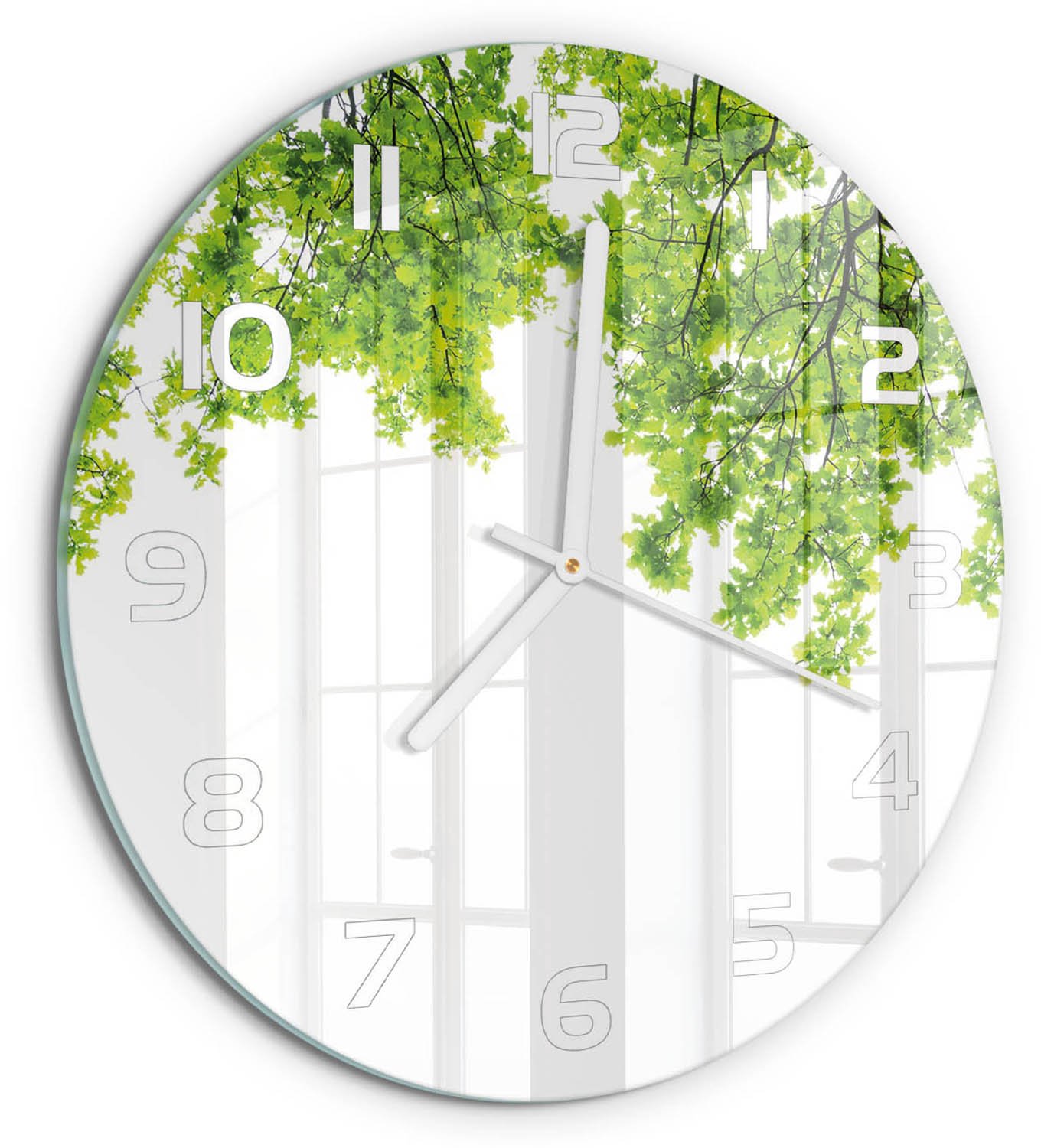 TULUP Wandklok - Eikenbladeren Glazen Klok Met Print - fi30 cm - Groente Wandklok Glas Met Motief - Witte handen - Ronde Klok - Wandklok Glas Decoratie - Gekleurde Glazen Klok