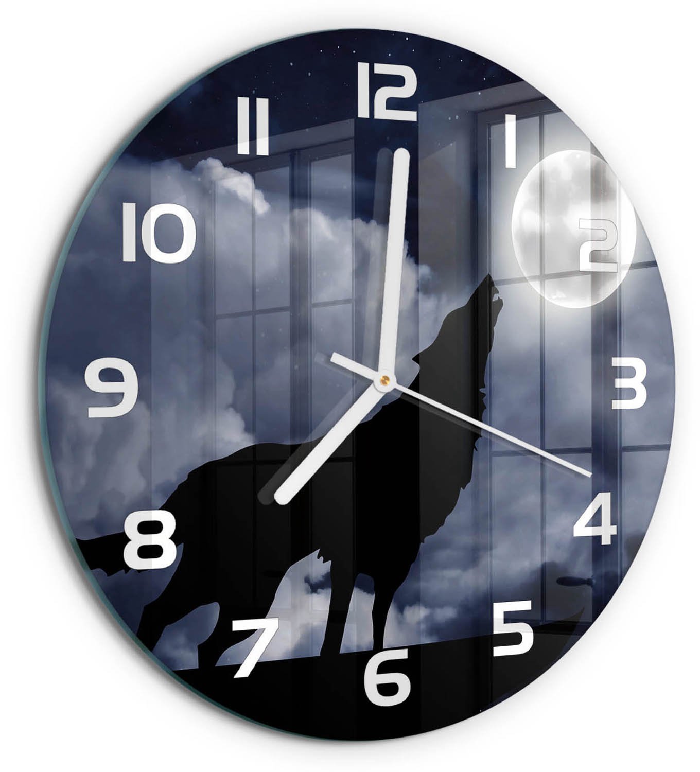 TULUP Wandklok - Huilende Wolf Volle Maan Moderne Wandklok Glas - fi30 cm - Zwart Wandklok Glas Decoratie - Witte handen - Ronde Klok - Glazen Wandklok Design - Klok Glas Met Opdruk