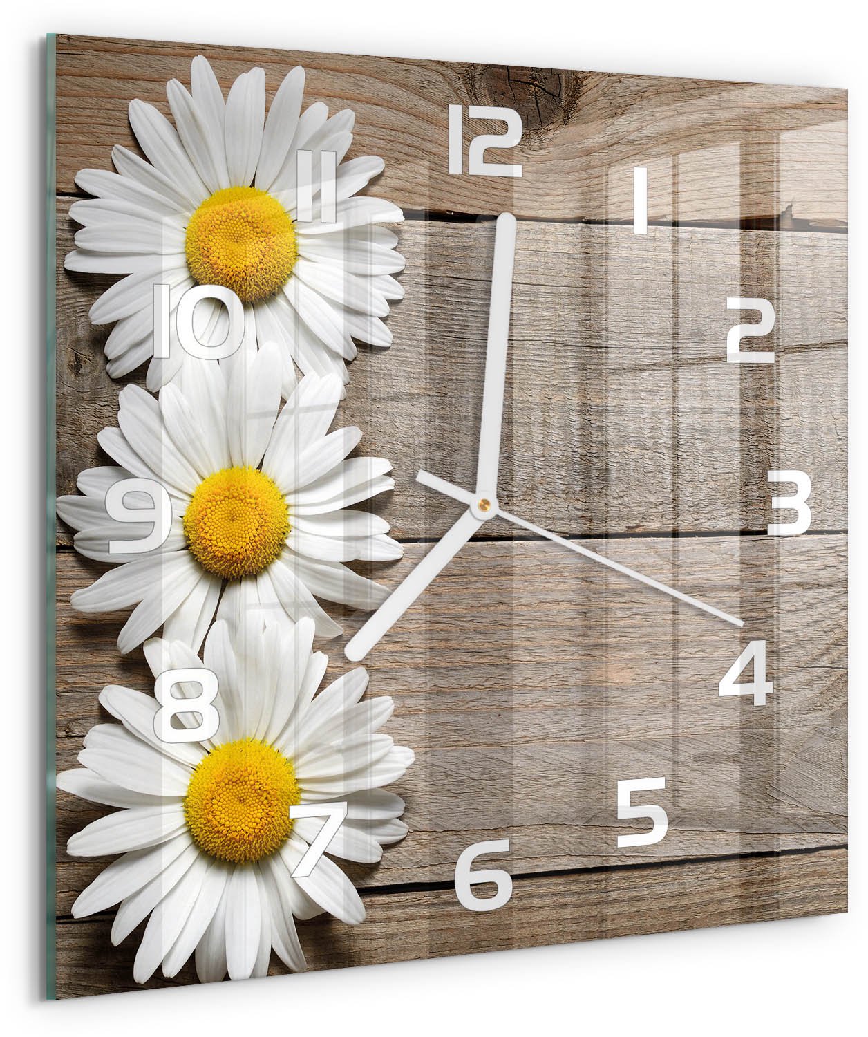 Tulup Wandklok - Madeliefjeshout Klok Glas Met Opdruk - 30x30 cm - Bruin Moderne Wandklok Glas - Witte handen - Vierkante Klok - Decoratieve Glazen Klok - Glazen Wandklok Design