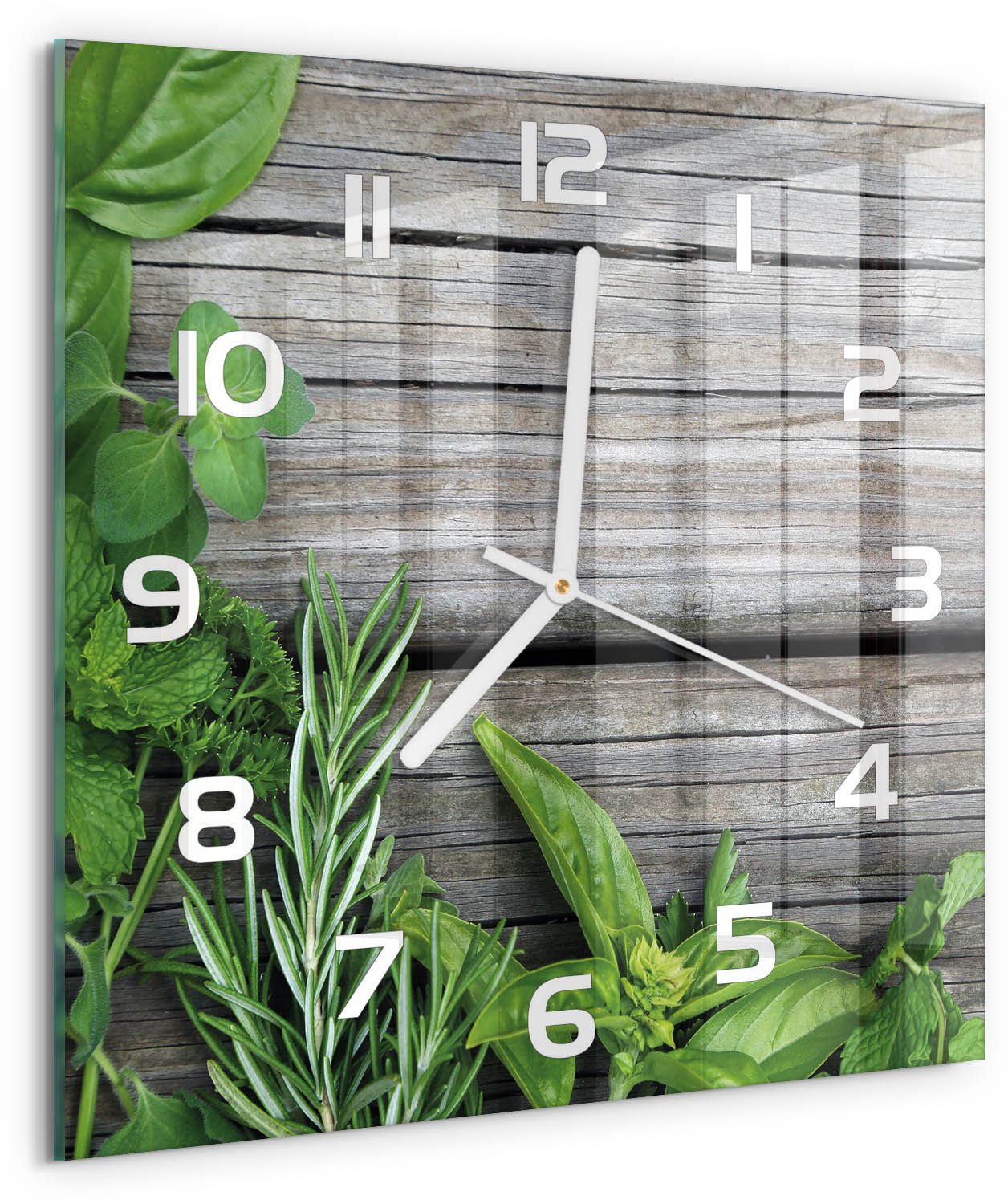 Tulup Wandklok - Houten kruidenachtergrond Wandklok Glas Decoratie - 30x30 cm - Groente Gekleurde Glazen Klok - Witte handen - Vierkante Klok - Klok Glas Met Opdruk - Moderne Wandklok Glas