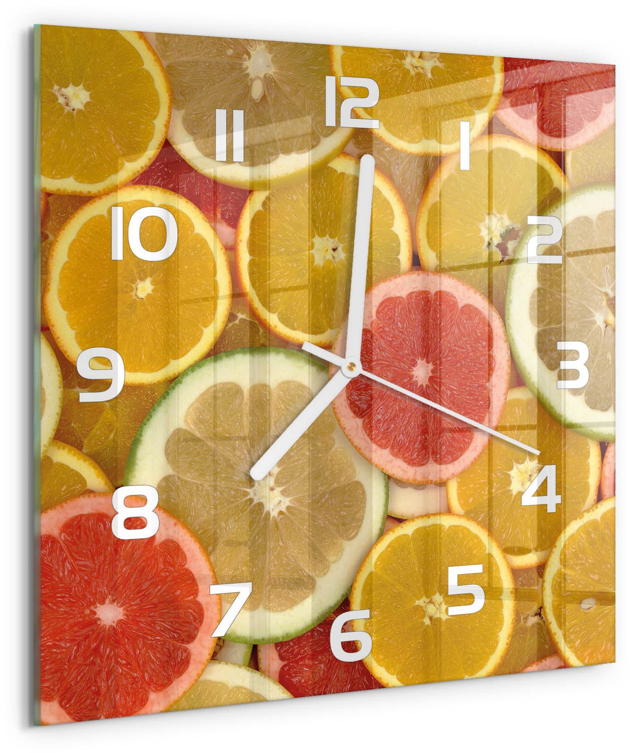 Tulup Wandklok - Citrusvruchten Glazen Wandklok Design - 30x30 cm - Veelkleurig Klok Glas Met Opdruk - Witte handen - Vierkante Klok - Wandklok Glas Met Motief - Decoratieve Glazen Klok