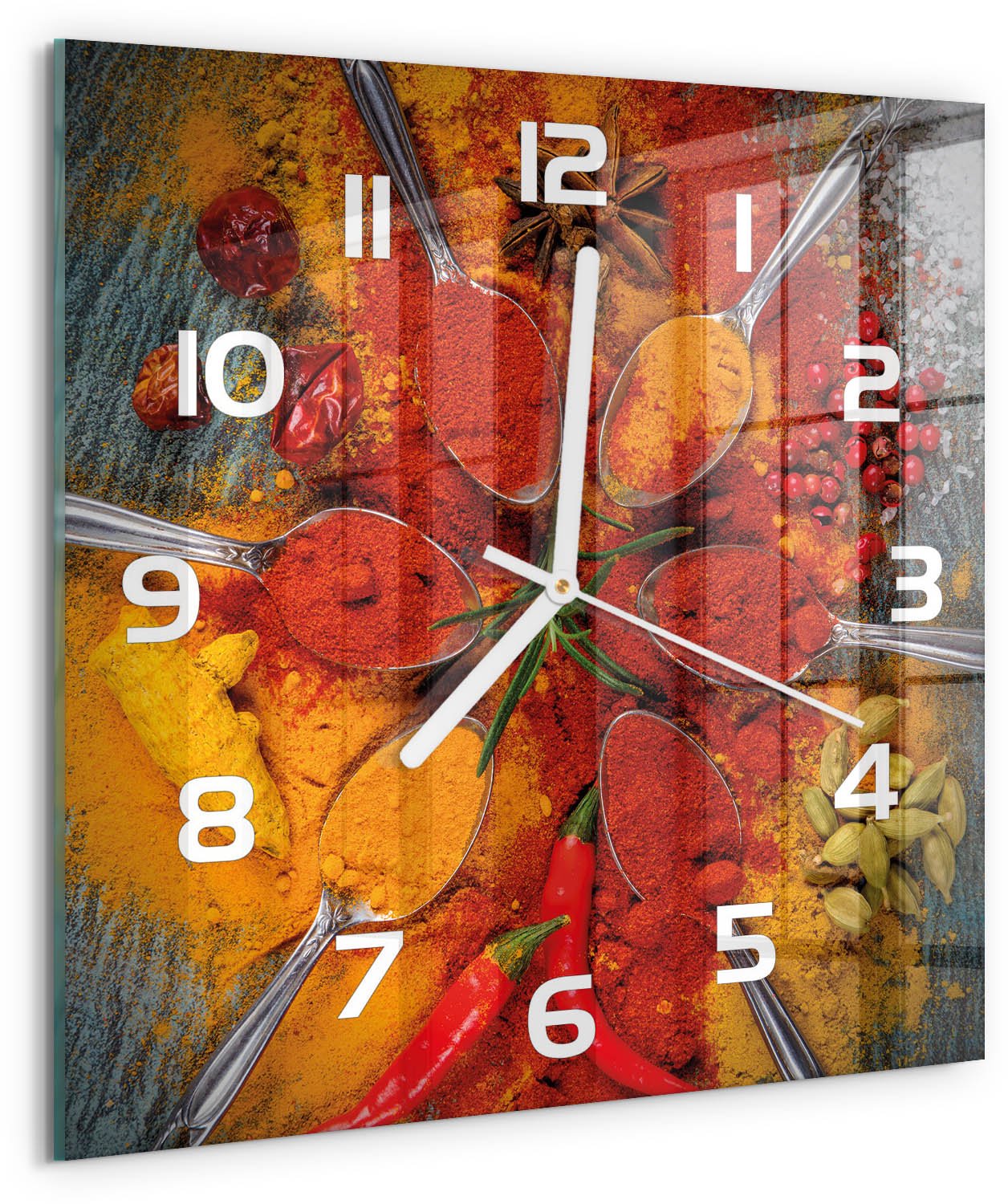 Tulup Wandklok - Specerijen Klok Glas Met Opdruk - 30x30 cm - Rood Moderne Wandklok Glas - Witte handen - Vierkante Klok - Decoratieve Glazen Klok - Glazen Wandklok Design