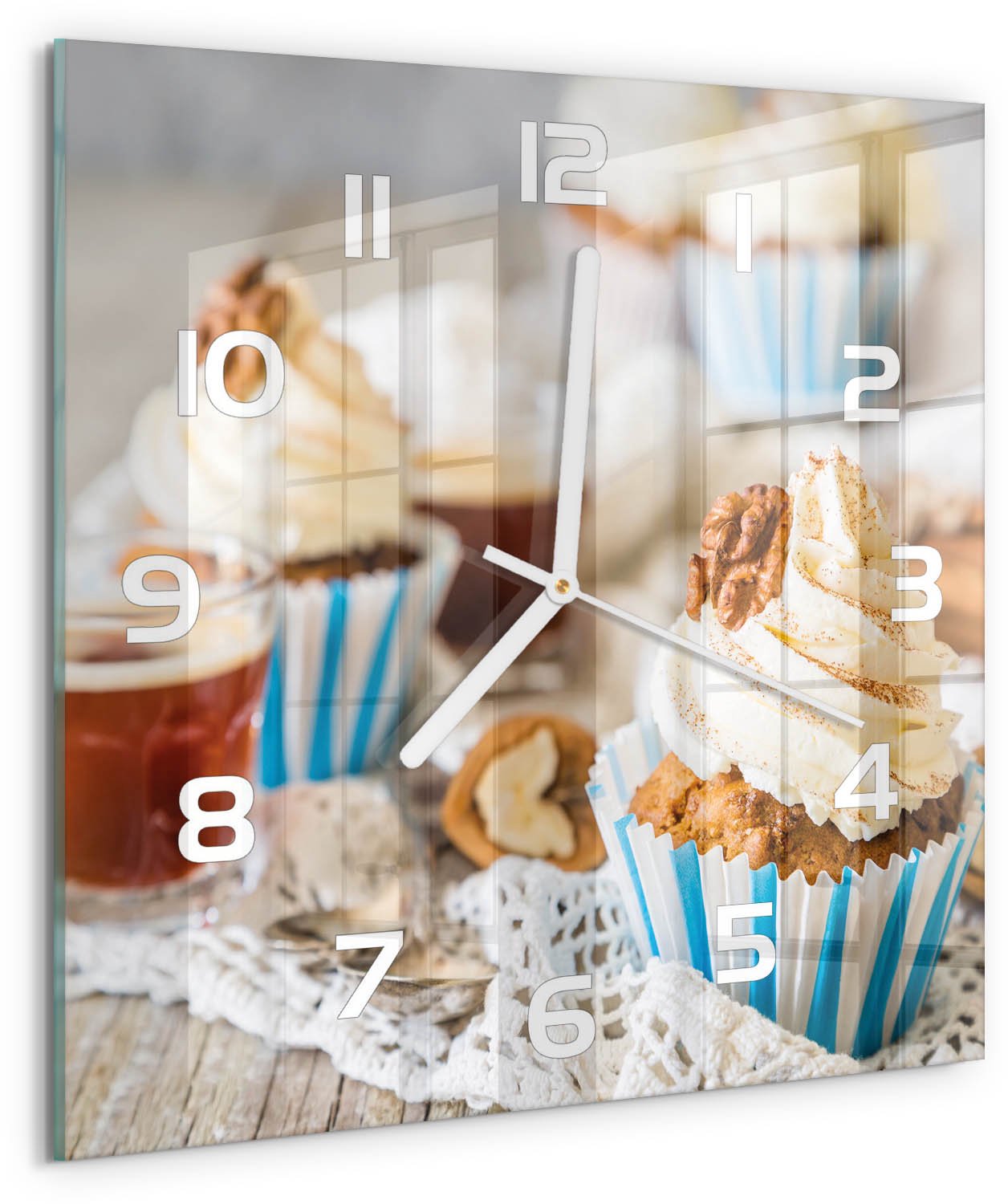 Tulup Wandklok - Muffins Glazen Klok Met Print - 30x30 cm - Veelkleurig Wandklok Glas Met Motief - Witte handen - Vierkante Klok - Wandklok Glas Decoratie - Gekleurde Glazen Klok
