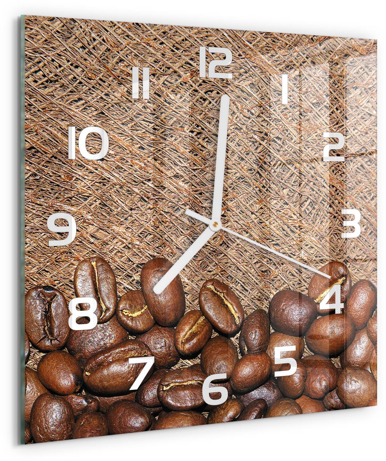 Tulup Wandklok - Koffiebonen Wandklok Glas Decoratie - 30x30 cm - Bruin Gekleurde Glazen Klok - Witte handen - Vierkante Klok - Klok Glas Met Opdruk - Moderne Wandklok Glas