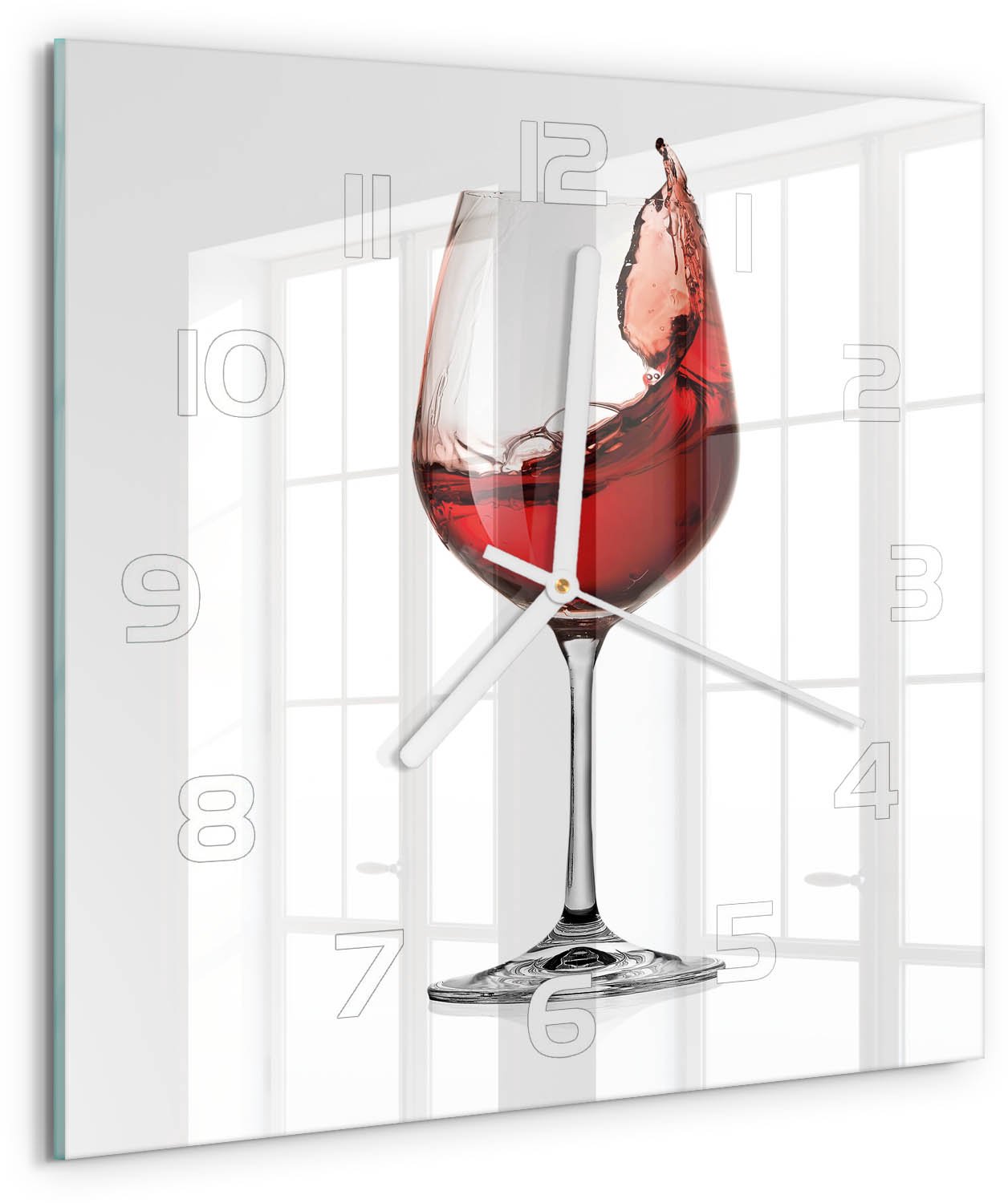Tulup Wandklok - Rode wijn Glazen Wandklok Design - 30x30 cm - Rood Klok Glas Met Opdruk - Witte handen - Vierkante Klok - Wandklok Glas Met Motief - Decoratieve Glazen Klok