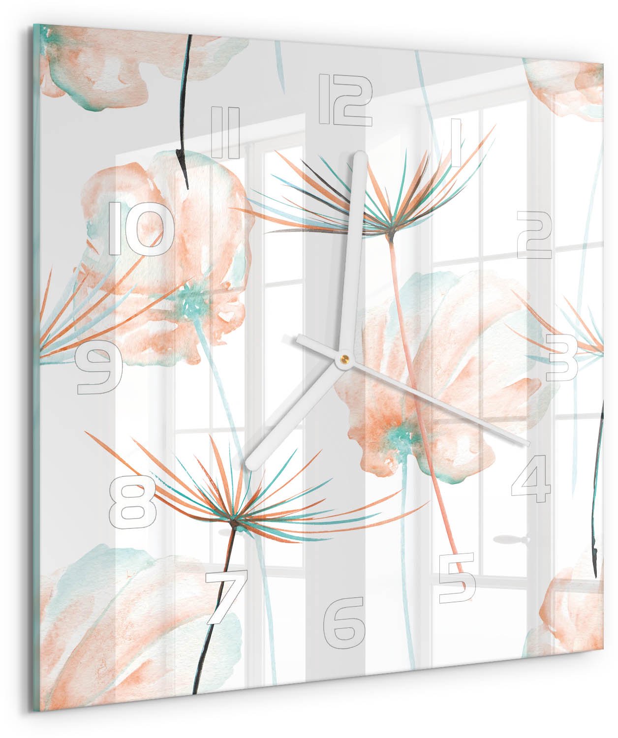 Tulup Wandklok - Paardebloem Decoratieve Glazen Klok - 30x30 cm - Oranje Glazen Wandklok Design - Witte handen - Vierkante Klok - Glazen Klok Met Print - Wandklok Glas Met Motief