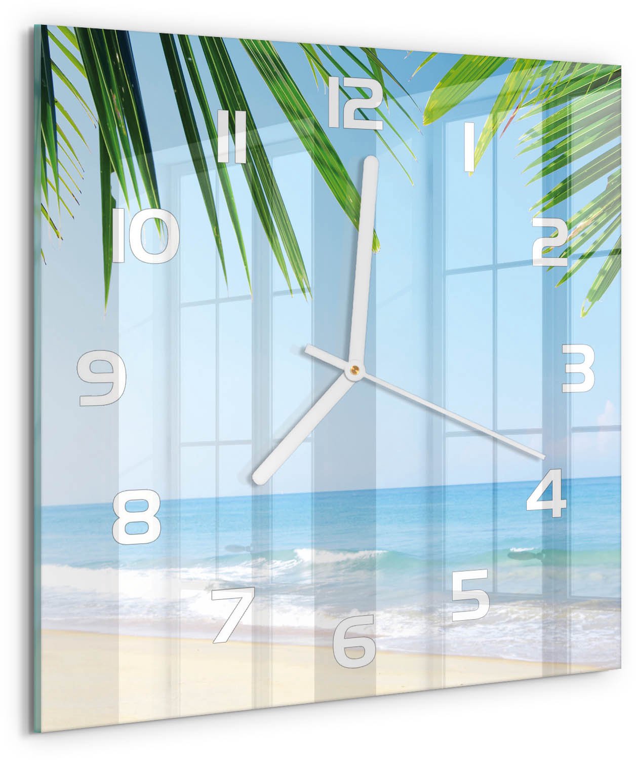 Tulup Wandklok - Tropisch strand Wandklok Glas Met Motief - 30x30 cm - Groente Decoratieve Glazen Klok - Witte handen - Vierkante Klok - Gekleurde Glazen Klok - Glazen Klok Met Print