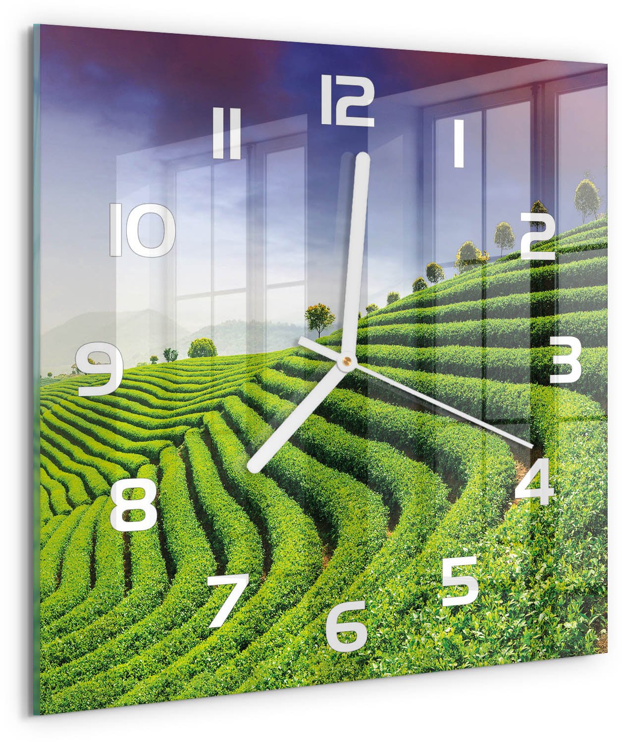 Tulup Wandklok - Theeplantage Glazen Klok Met Print - 30x30 cm - Groente Wandklok Glas Met Motief - Witte handen - Vierkante Klok - Wandklok Glas Decoratie - Gekleurde Glazen Klok