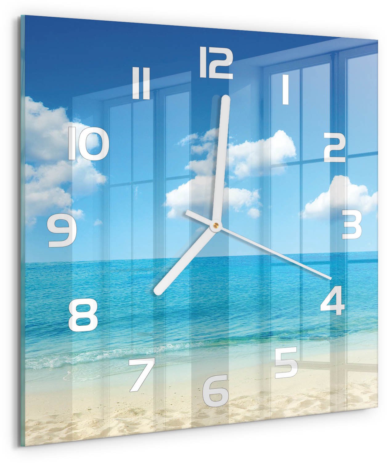 Tulup Wandklok - Paradijsstrand Decoratieve Glazen Klok - 30x30 cm - Blauw Glazen Wandklok Design - Witte handen - Vierkante Klok - Glazen Klok Met Print - Wandklok Glas Met Motief