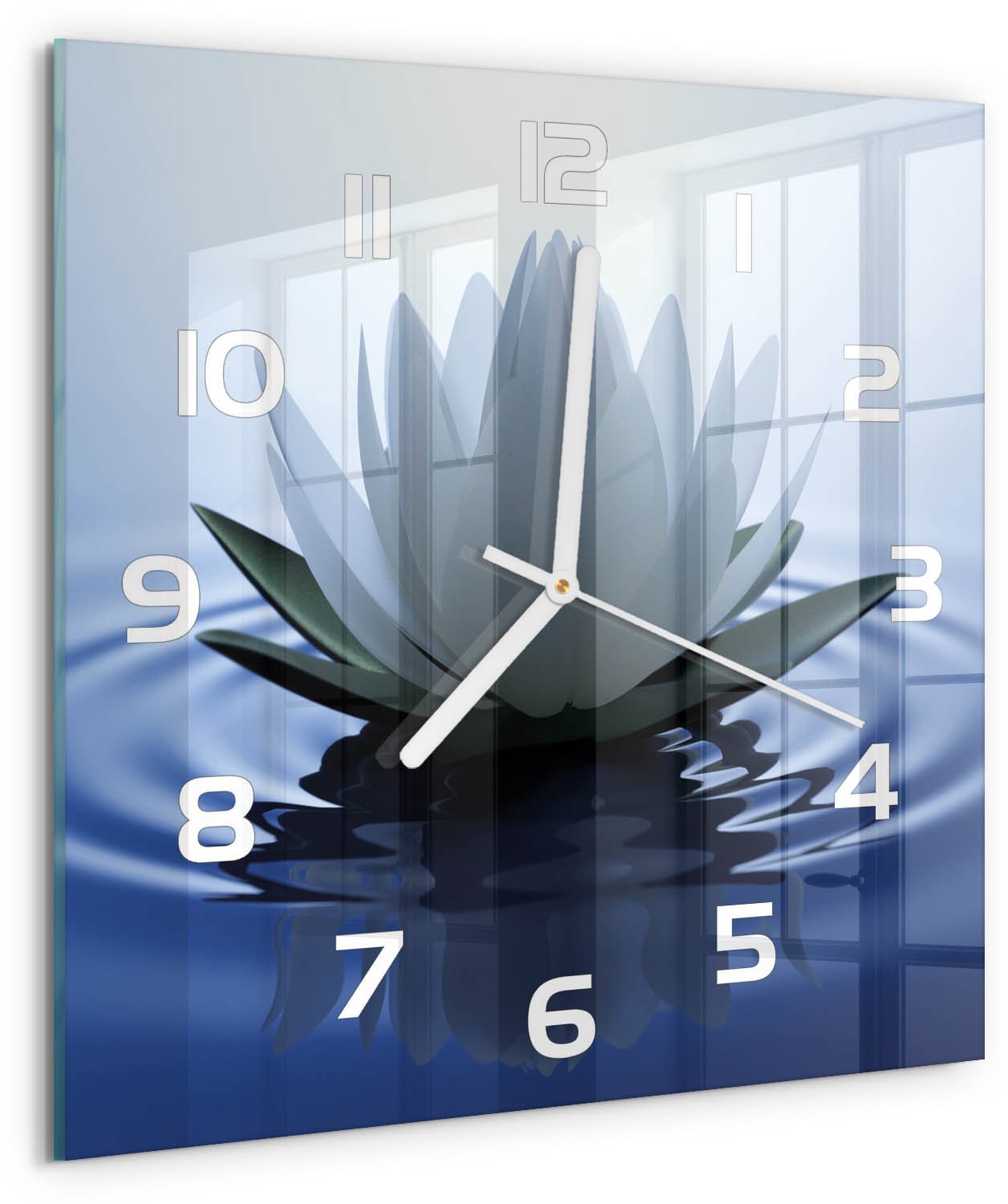 Tulup Wandklok - Waterlelie Wandklok Glas Decoratie - 30x30 cm - Blauw Gekleurde Glazen Klok - Witte handen - Vierkante Klok - Klok Glas Met Opdruk - Moderne Wandklok Glas