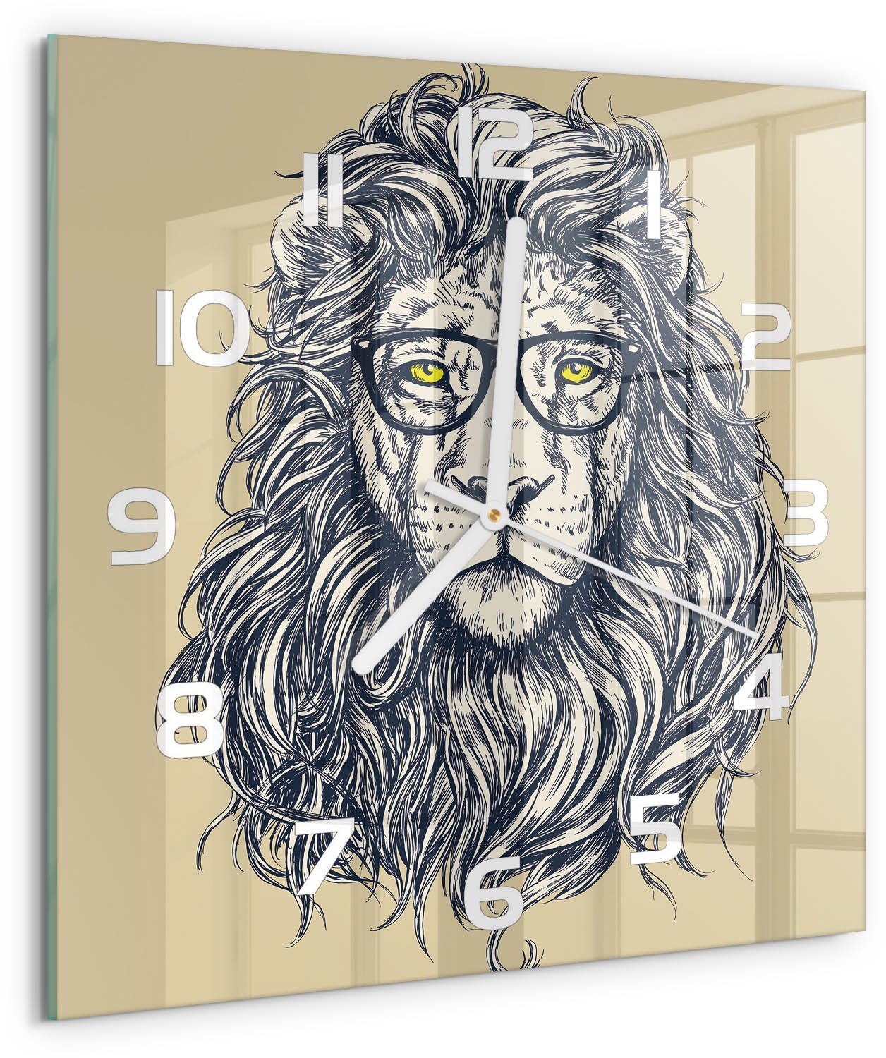Tulup Wandklok - Hipster Leeuw Decoratieve Glazen Klok - 30x30 cm - Beige Glazen Wandklok Design - Witte handen - Vierkante Klok - Glazen Klok Met Print - Wandklok Glas Met Motief
