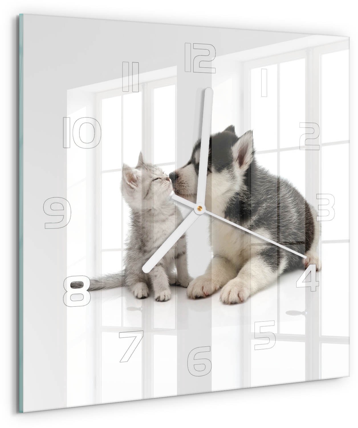 Tulup Wandklok - Hond en kat Klok Glas Met Opdruk - 30x30 cm - Zwart Moderne Wandklok Glas - Witte handen - Vierkante Klok - Decoratieve Glazen Klok - Glazen Wandklok Design