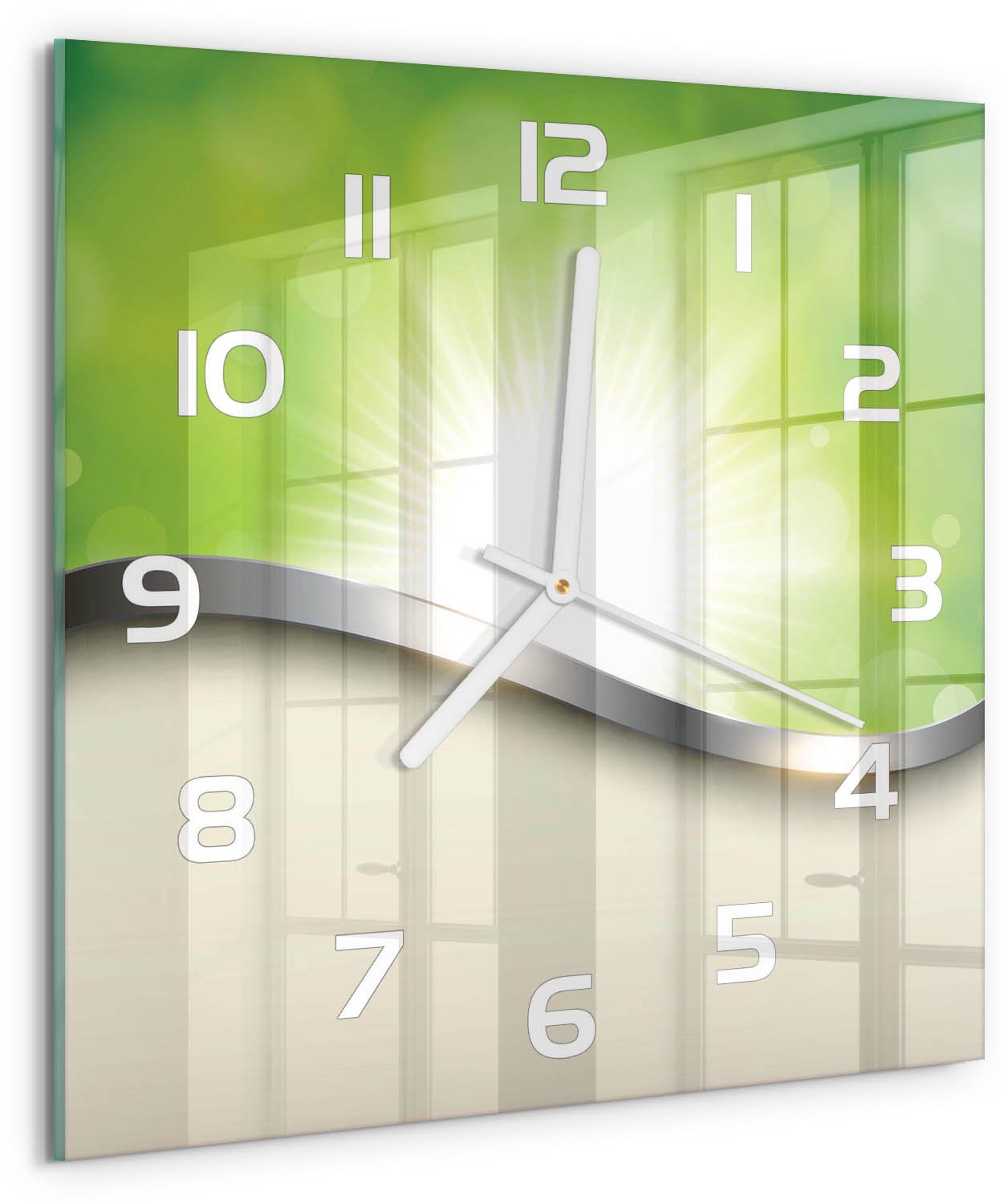 TULUP Wandklok - Groene abstractie Klok Glas Met Opdruk - 30x30 cm - Groente Moderne Wandklok Glas - Witte handen - Vierkante Klok - Decoratieve Glazen Klok - Glazen Wandklok Design