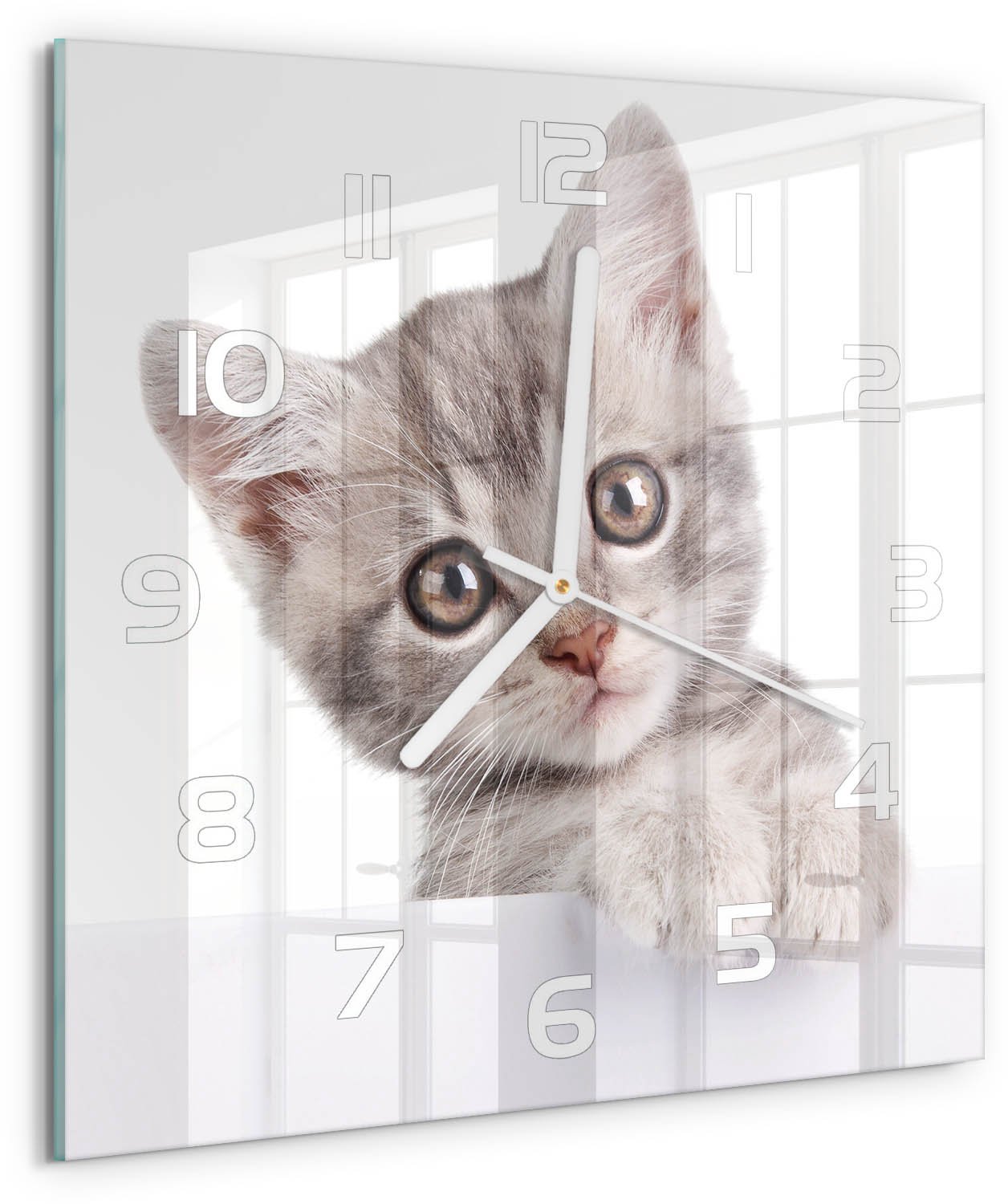 Tulup Wandklok - Grijze kat Gekleurde Glazen Klok - 30x30 cm - Grijs Glazen Klok Met Print - Witte handen - Vierkante Klok - Moderne Wandklok Glas - Wandklok Glas Decoratie