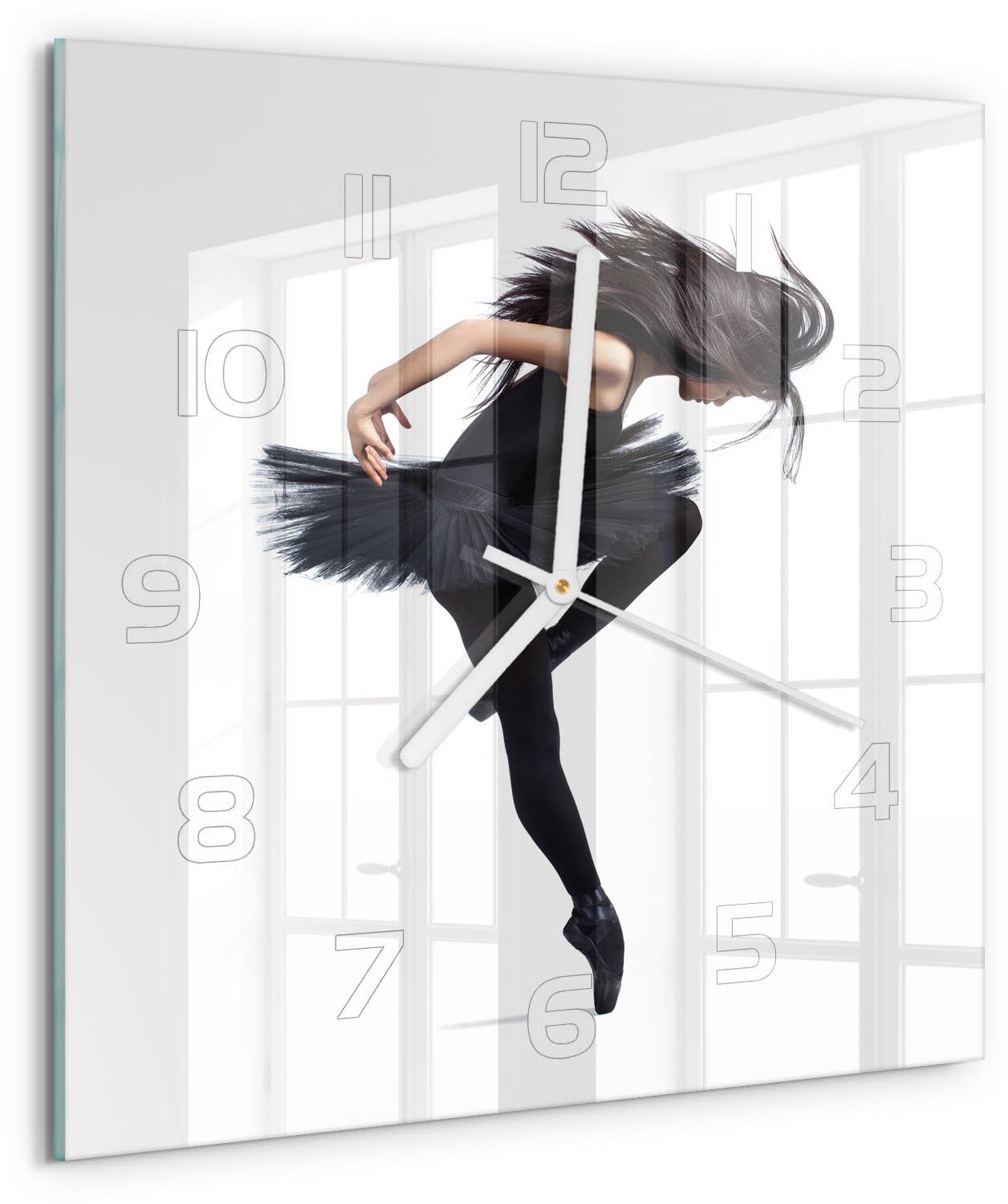 TULUP Wandklok - Ballerina Glazen Wandklok Design - 30x30 cm - Zwart Klok Glas Met Opdruk - Witte handen - Vierkante Klok - Wandklok Glas Met Motief - Decoratieve Glazen Klok