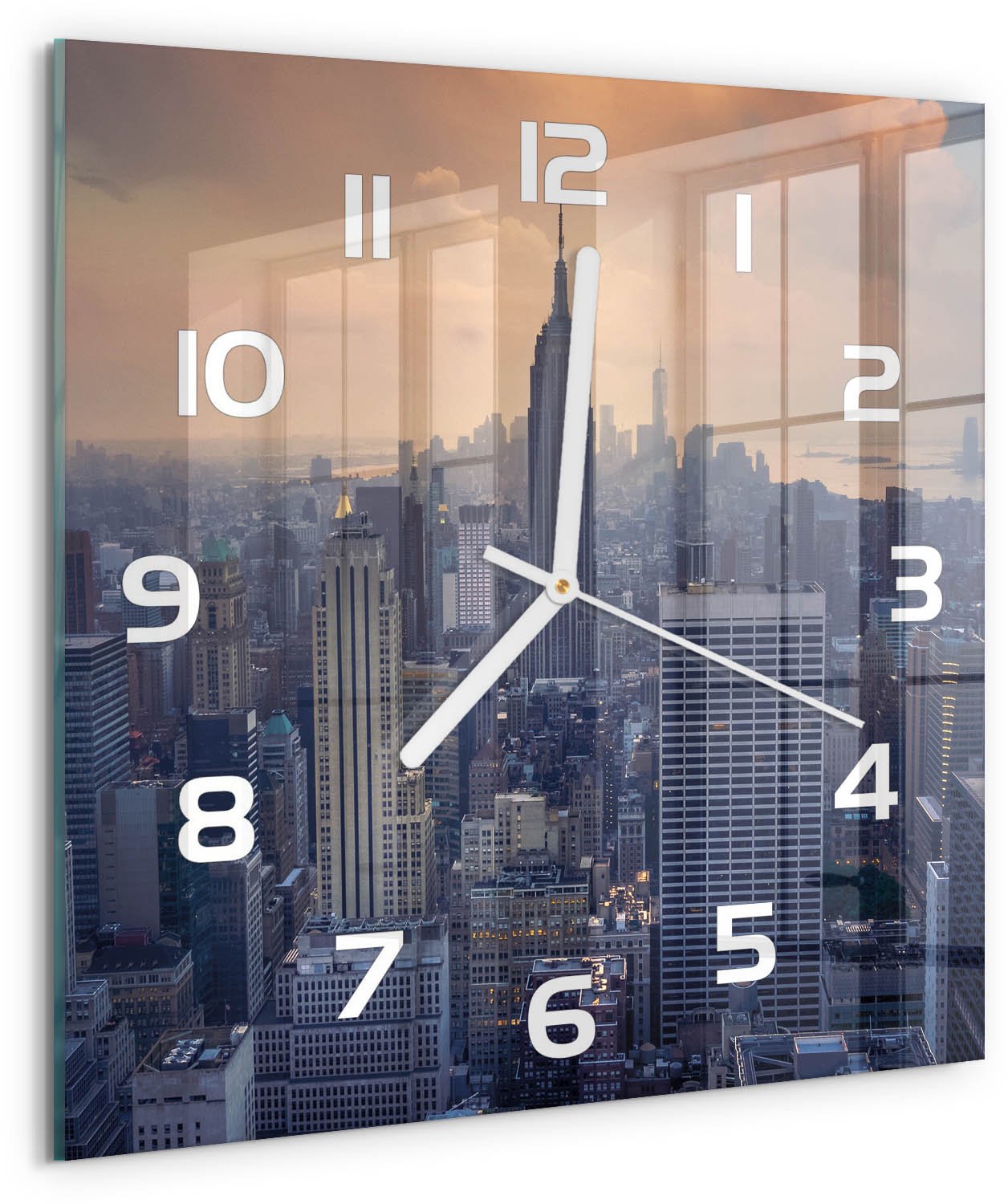 TULUP Wandklok - Manhattan, New York Moderne Wandklok Glas - 30x30 cm - Grijs Wandklok Glas Decoratie - Witte handen - Vierkante Klok - Glazen Wandklok Design - Klok Glas Met Opdruk