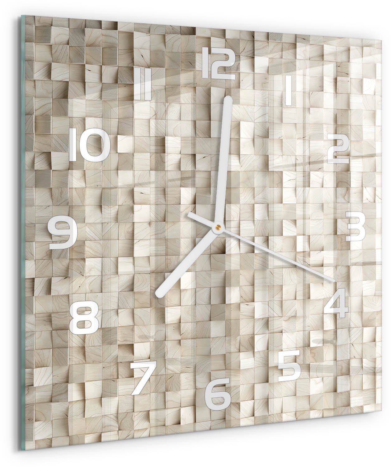 TULUP Wandklok - Houten kubussen Decoratieve Glazen Klok - 30x30 cm - Beige Glazen Wandklok Design - Witte handen - Vierkante Klok - Glazen Klok Met Print - Wandklok Glas Met Motief