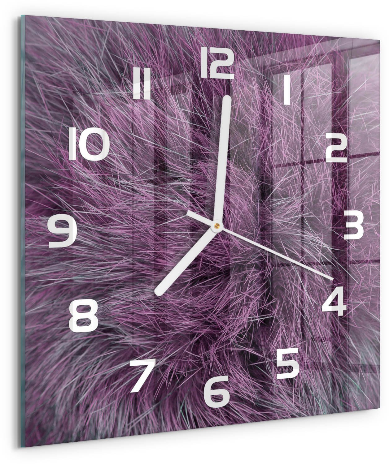 TULUP Wandklok - Roze bont Wandklok Glas Met Motief - 30x30 cm - Roze Decoratieve Glazen Klok - Witte handen - Vierkante Klok - Gekleurde Glazen Klok - Glazen Klok Met Print