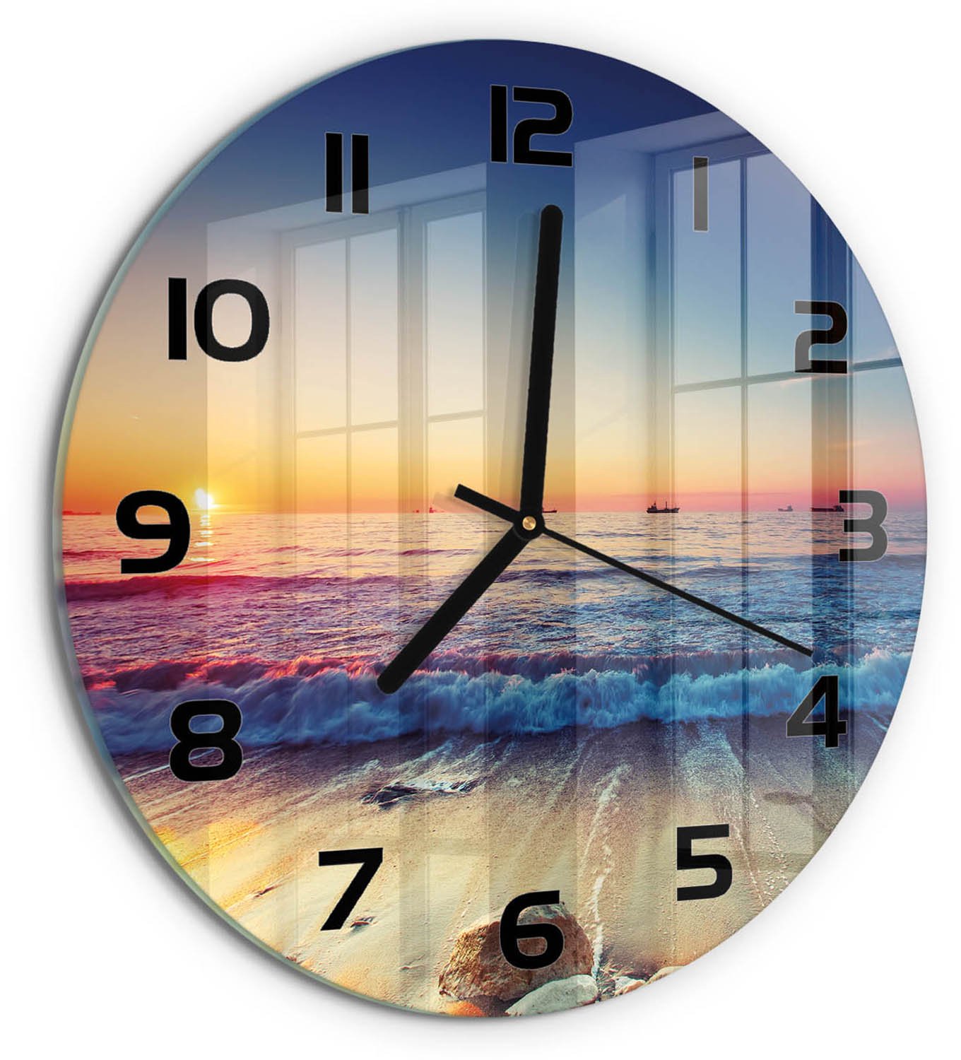 TULUP Wandklok - Zonsopgang boven de zee Gekleurde Glazen Klok - fi30 cm - Oranje Glazen Klok Met Print - Zwarte handen - Ronde Klok - Moderne Wandklok Glas - Wandklok Glas Decoratie