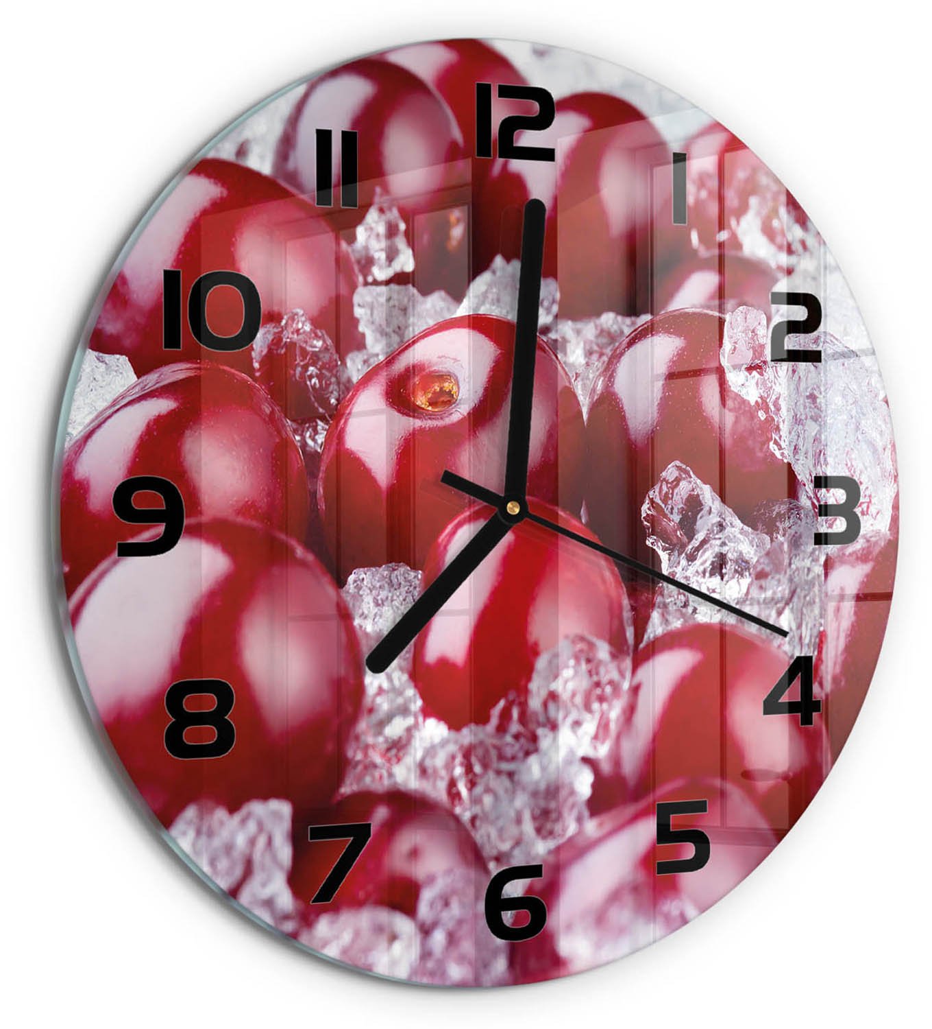 TULUP Wandklok - Bevroren kers Wandklok Glas Decoratie - fi30 cm - Rood Gekleurde Glazen Klok - Zwarte handen - Ronde Klok - Klok Glas Met Opdruk - Moderne Wandklok Glas