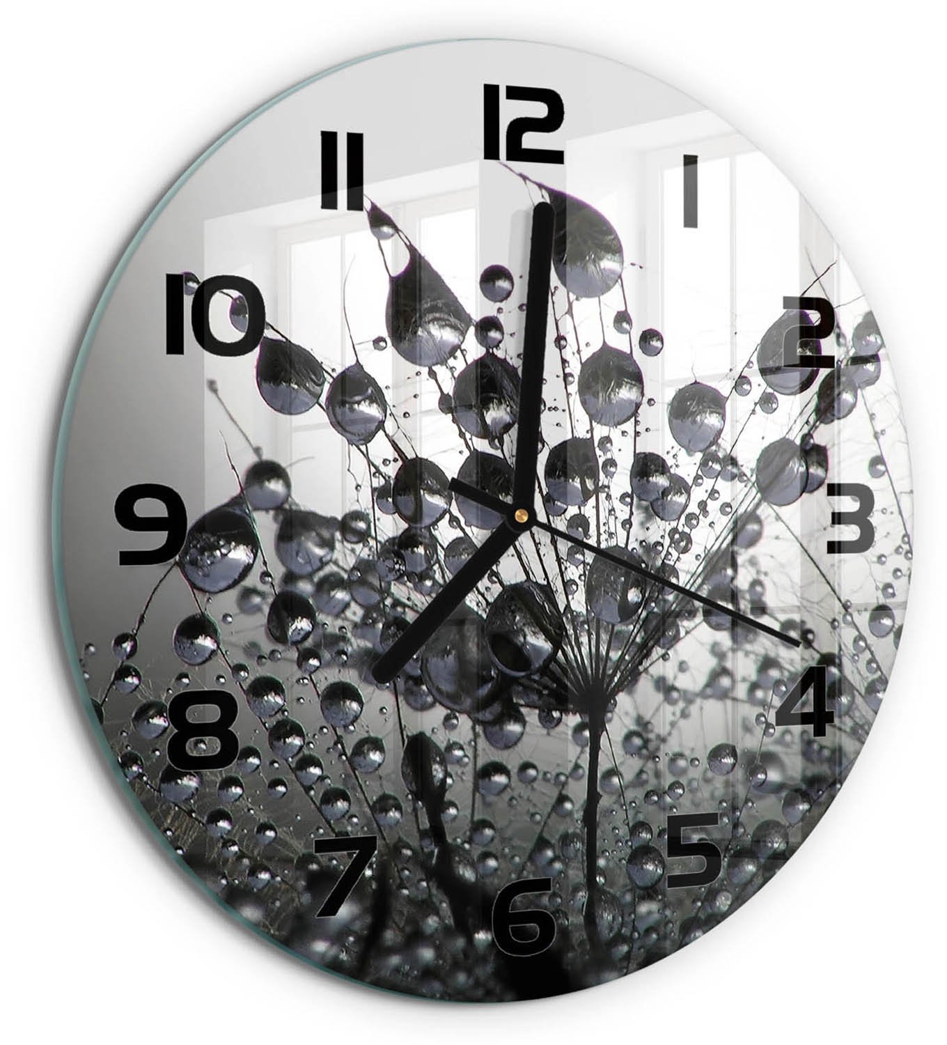 TULUP Wandklok - Paardenbloemzaden Glazen Wandklok Design - fi30 cm - Zwart-wit Klok Glas Met Opdruk - Zwarte handen - Ronde Klok - Wandklok Glas Met Motief - Decoratieve Glazen Klok