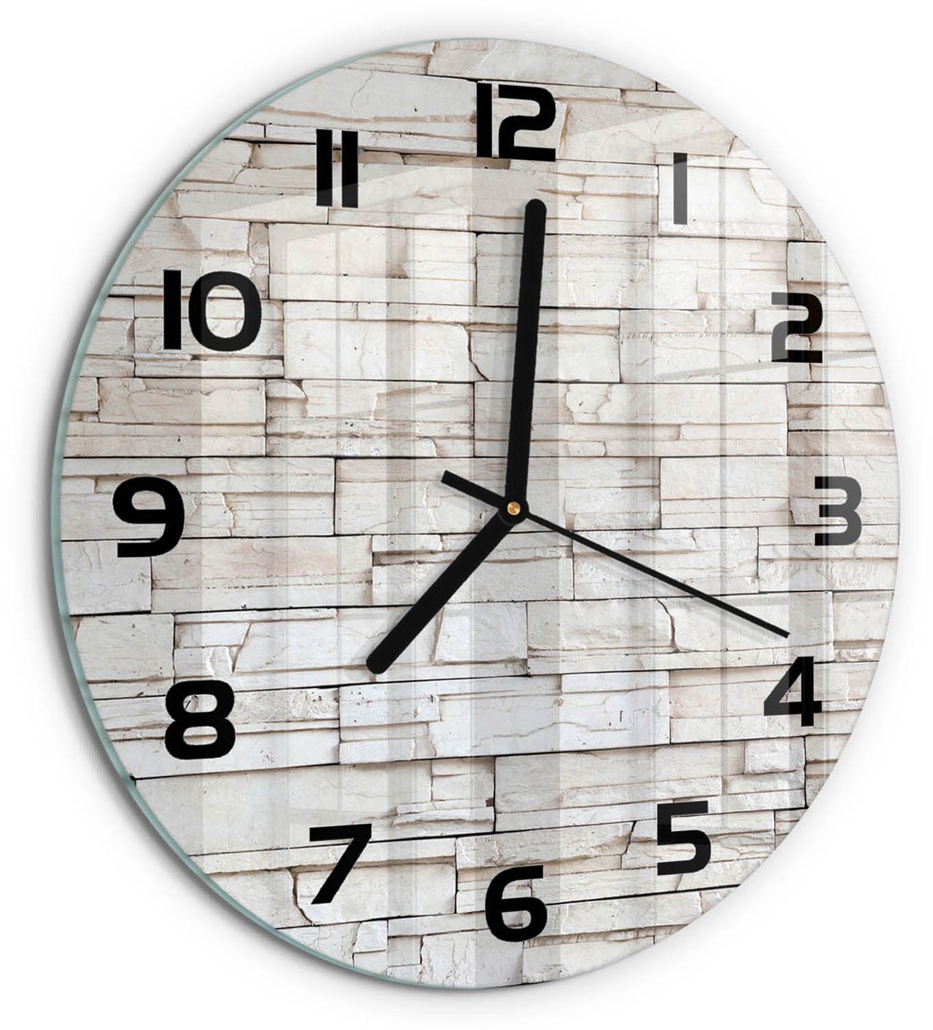 TULUP Wandklok - Witte stenen muur Klok Glas Met Opdruk - fi30 cm - Wit Moderne Wandklok Glas - Zwarte handen - Ronde Klok - Decoratieve Glazen Klok - Glazen Wandklok Design
