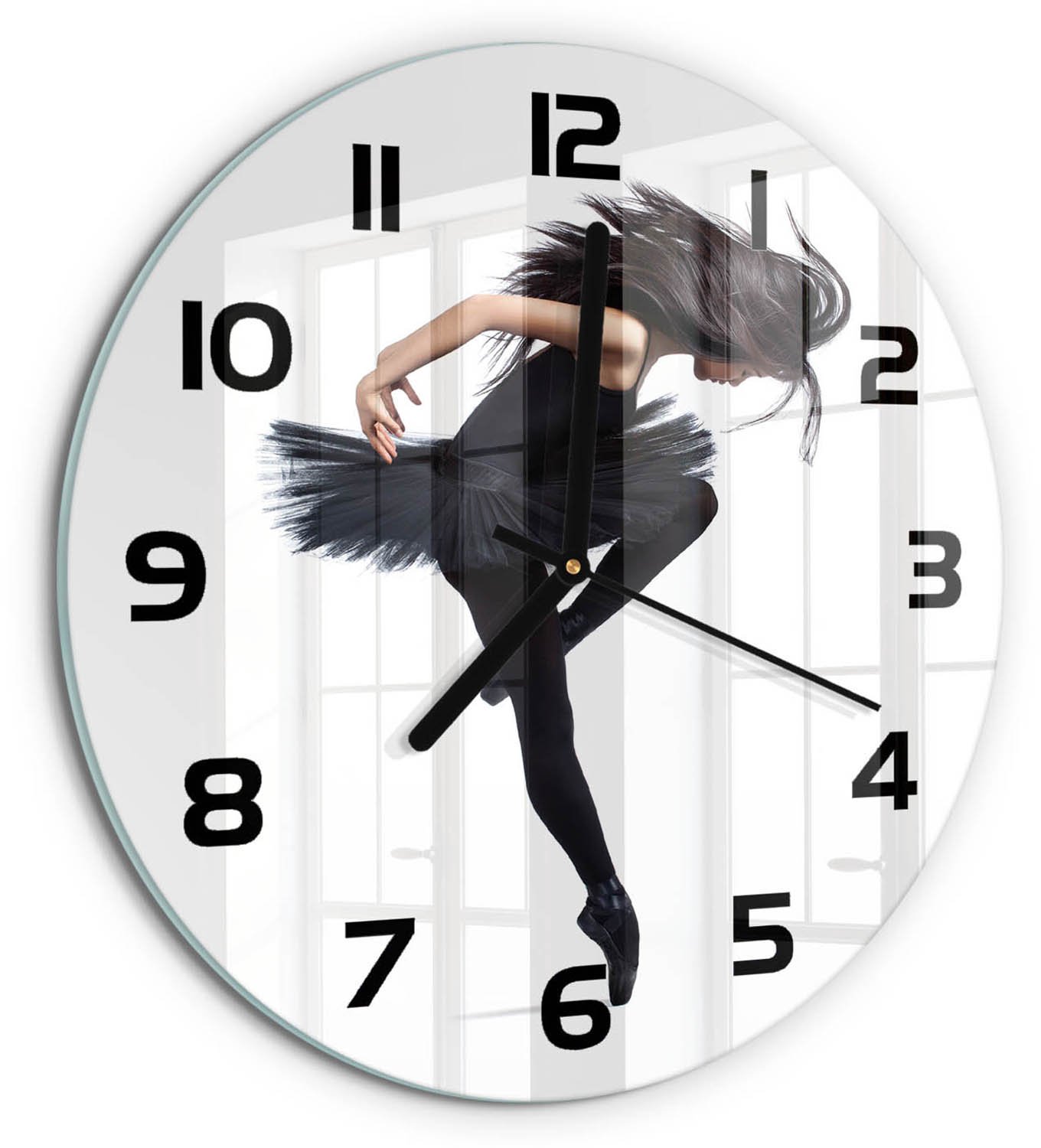 TULUP Wandklok - Ballerina Decoratieve Glazen Klok - fi30 cm - Zwart Glazen Wandklok Design - Zwarte handen - Ronde Klok - Glazen Klok Met Print - Wandklok Glas Met Motief