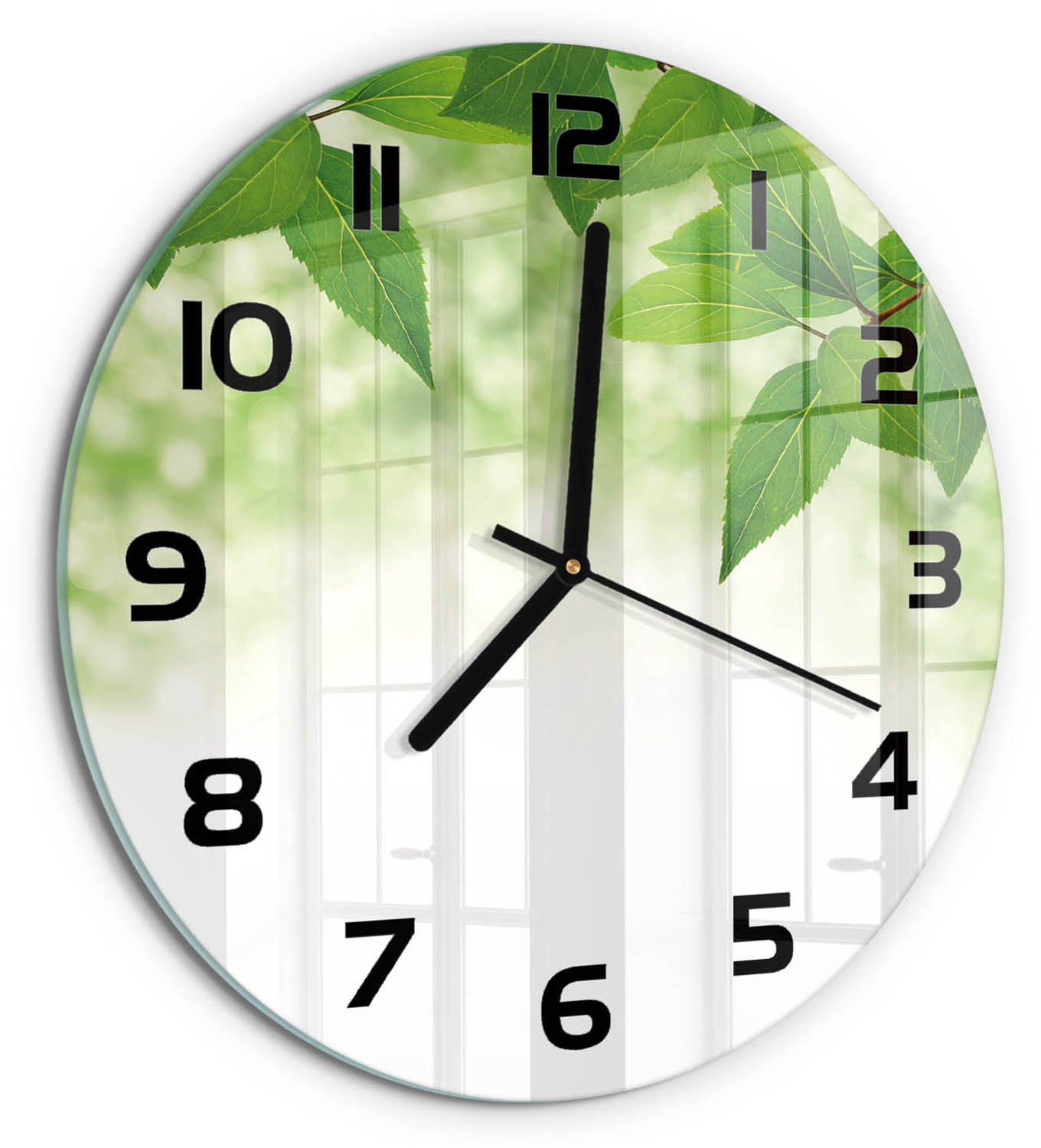 TULUP Wandklok - Groene bladeren Gekleurde Glazen Klok - fi30 cm - Groente Glazen Klok Met Print - Zwarte handen - Ronde Klok - Moderne Wandklok Glas - Wandklok Glas Decoratie
