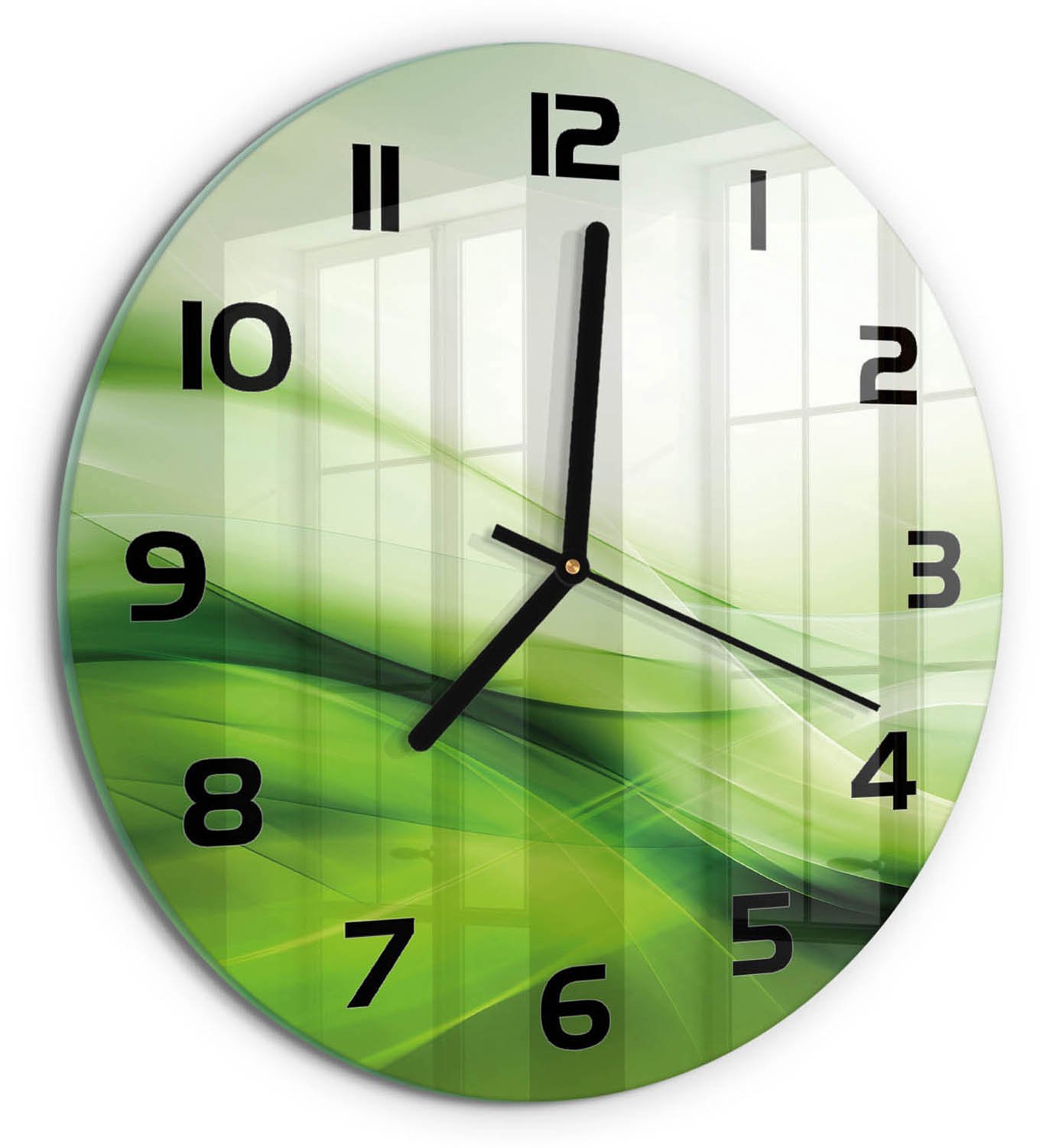 TULUP Wandklok - Groene golven achtergrond Glazen Klok Met Print - fi30 cm - Groente Wandklok Glas Met Motief - Zwarte handen - Ronde Klok - Wandklok Glas Decoratie - Gekleurde Glazen Klok